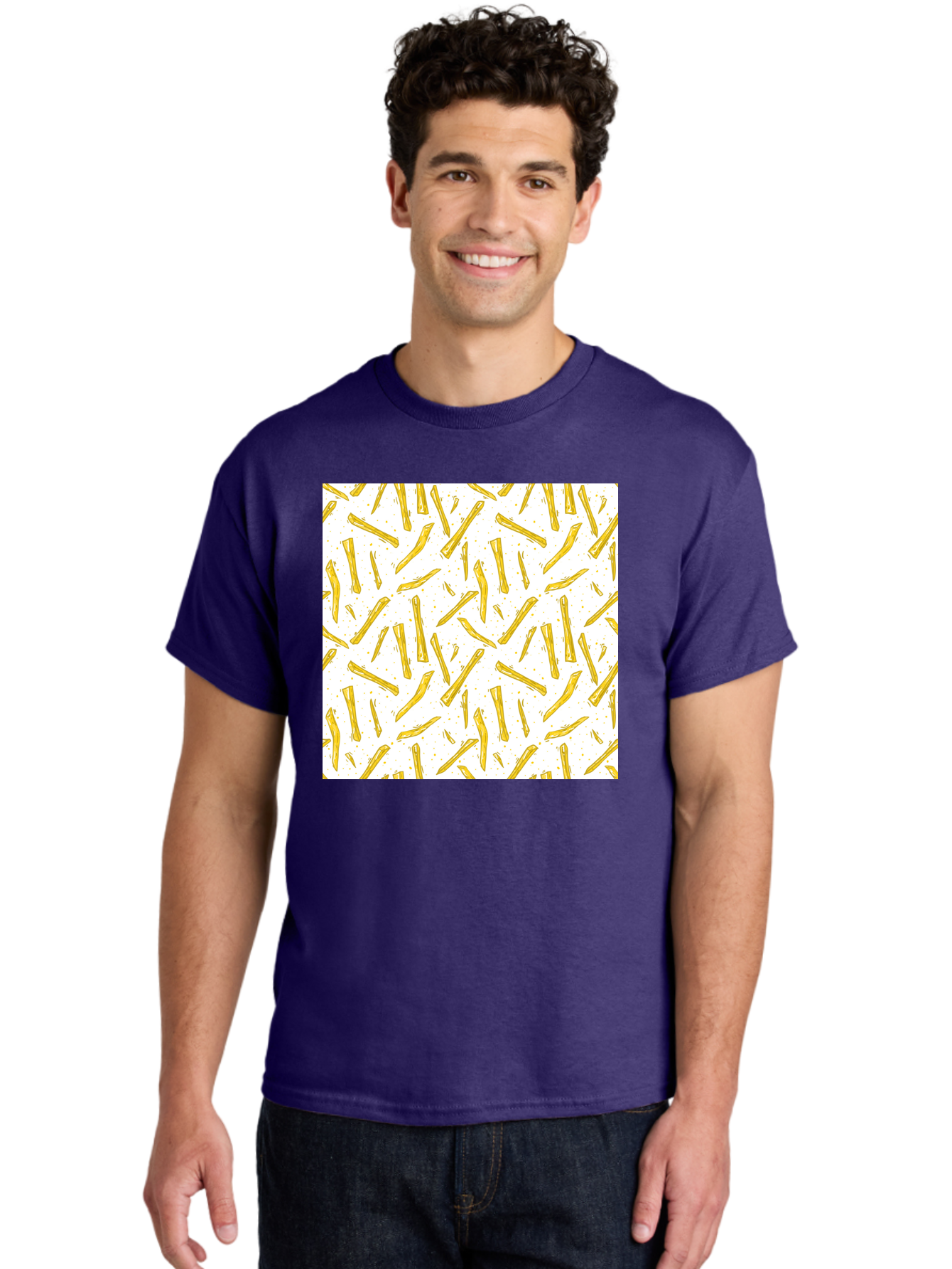 French-Fries-Pattern Men'S Graphic Tee, 100% Cotton, Comfortable Casual Summer Wear, Machine Washable, French Fries Pattern, Yellow Fries, White Background, Food Design, Snack Pattern, Restaurant Theme, Casual Dining, Appetizing Visuals, Aac393