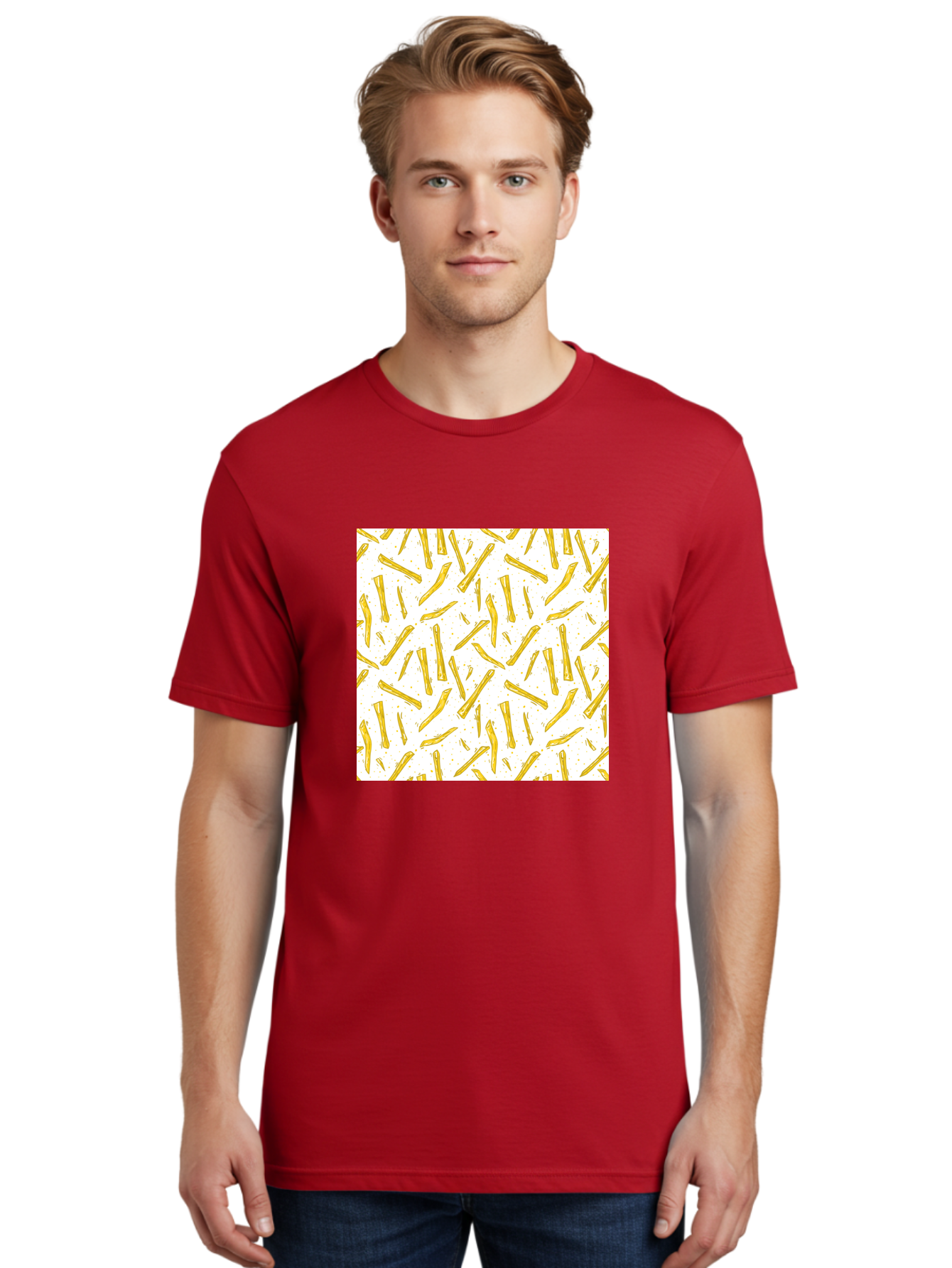 French-Fries-Pattern Men'S Graphic Tee, 100% Cotton, Comfortable Casual Summer Wear, Machine Washable, French Fries Pattern, Yellow Fries, White Background, Food Design, Snack Pattern, Restaurant Theme, Casual Dining, Appetizing Visuals, Aac393