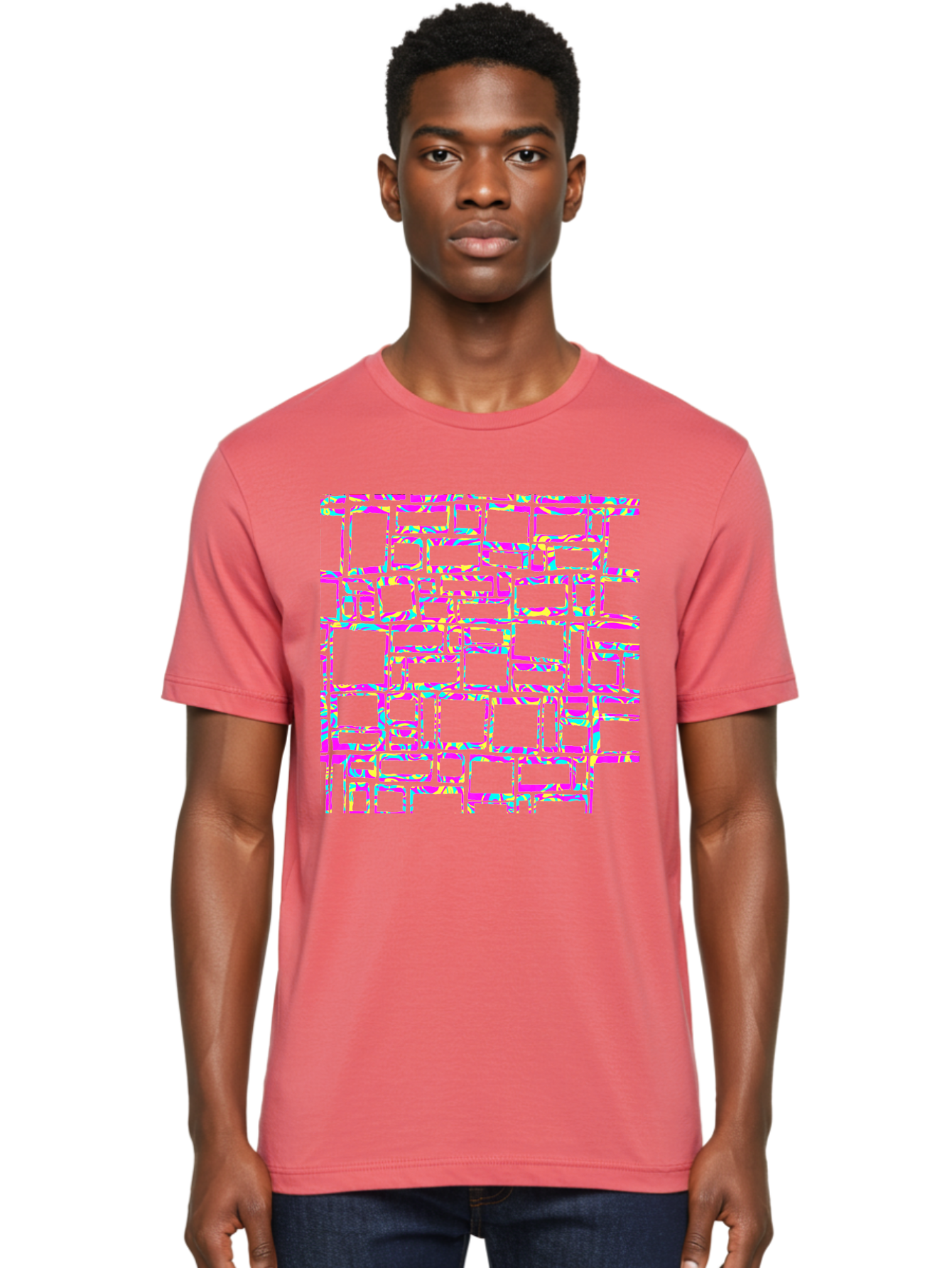 Glitch-Squares-Pattern Men'S Graphic Tee, 100% Cotton, Comfortable Casual Summer Wear, Machine Washable, Glitch Art, Distorted Rectangles, Neon Colors, Vibrant Hues, Abstract Pattern, Digital Distortion, Futuristic Design, Error Aesthetic, Aac394