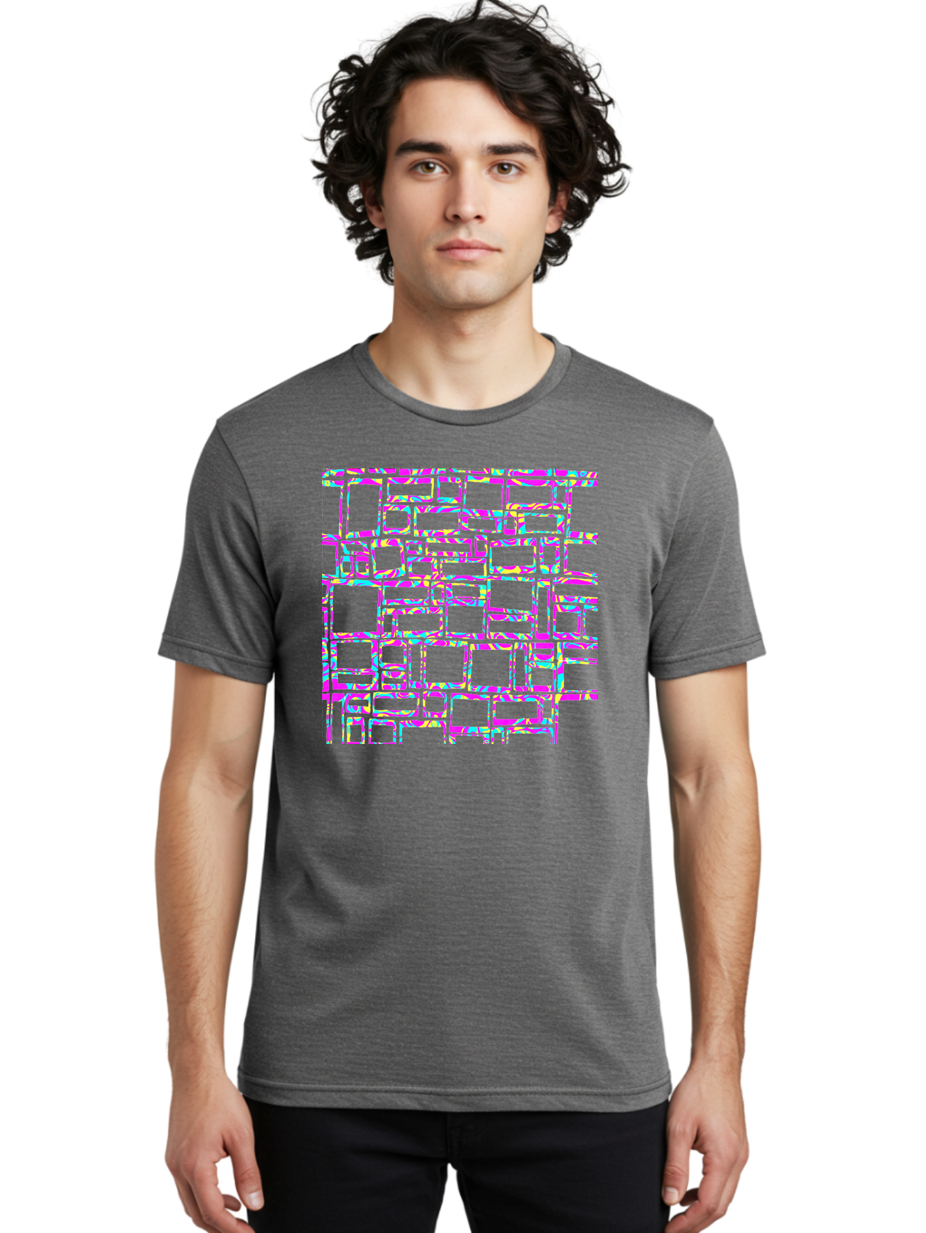 Glitch-Squares-Pattern Men'S Graphic Tee, 100% Cotton, Comfortable Casual Summer Wear, Machine Washable, Glitch Art, Distorted Rectangles, Neon Colors, Vibrant Hues, Abstract Pattern, Digital Distortion, Futuristic Design, Error Aesthetic, Aac394