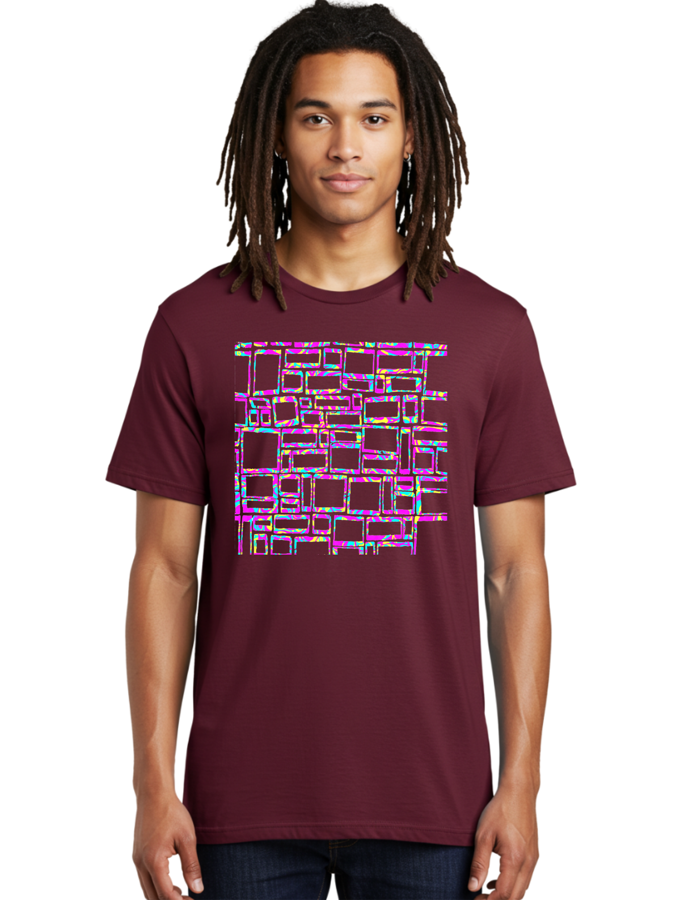 Glitch-Squares-Pattern Men'S Graphic Tee, 100% Cotton, Comfortable Casual Summer Wear, Machine Washable, Glitch Art, Distorted Rectangles, Neon Colors, Vibrant Hues, Abstract Pattern, Digital Distortion, Futuristic Design, Error Aesthetic, Aac394