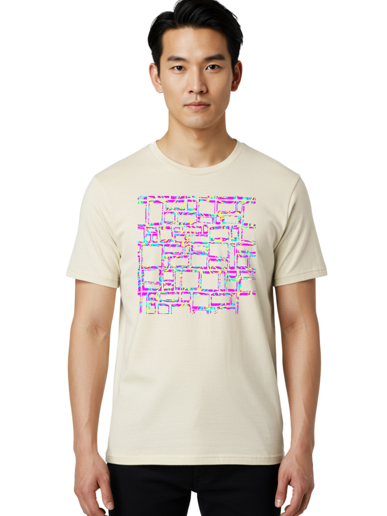 Glitch-Squares-Pattern Men'S Graphic Tee, 100% Cotton, Comfortable Casual Summer Wear, Machine Washable, Glitch Art, Distorted Rectangles, Neon Colors, Vibrant Hues, Abstract Pattern, Digital Distortion, Futuristic Design, Error Aesthetic, Aac394