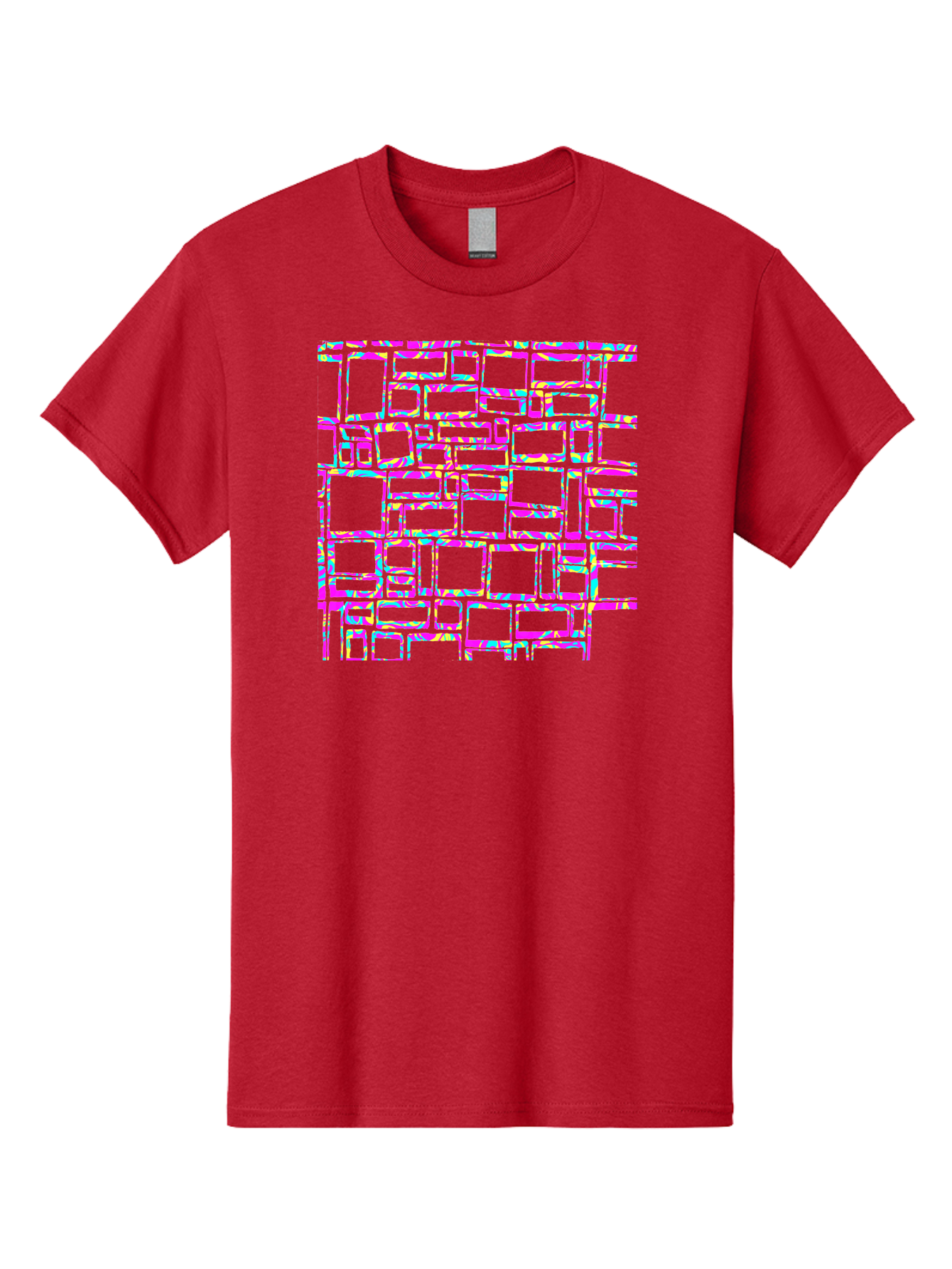 Glitch-Squares-Pattern Men'S Graphic Tee, 100% Cotton, Comfortable Casual Summer Wear, Machine Washable, Glitch Art, Distorted Rectangles, Neon Colors, Vibrant Hues, Abstract Pattern, Digital Distortion, Futuristic Design, Error Aesthetic, Aac394