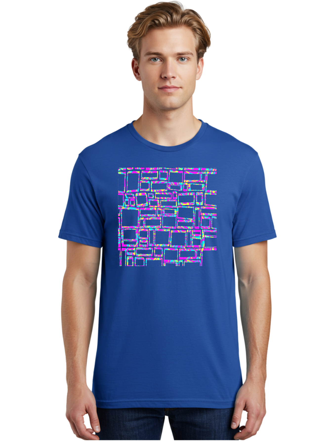 Glitch-Squares-Pattern Men'S Graphic Tee, 100% Cotton, Comfortable Casual Summer Wear, Machine Washable, Glitch Art, Distorted Rectangles, Neon Colors, Vibrant Hues, Abstract Pattern, Digital Distortion, Futuristic Design, Error Aesthetic, Aac394
