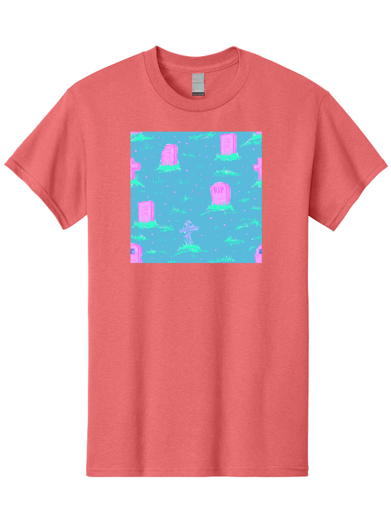 Graveyard-Pattern Men'S Graphic Tee, 100% Cotton, Comfortable Casual Summer Wear, Machine Washable, Tombstones With Rip, Graveyard Scene, Pastel Pink Headstones, Grassy Burial Grounds, Spooky Ambiance, Eerie Atmosphere, Ghostly Vibes, Aac395