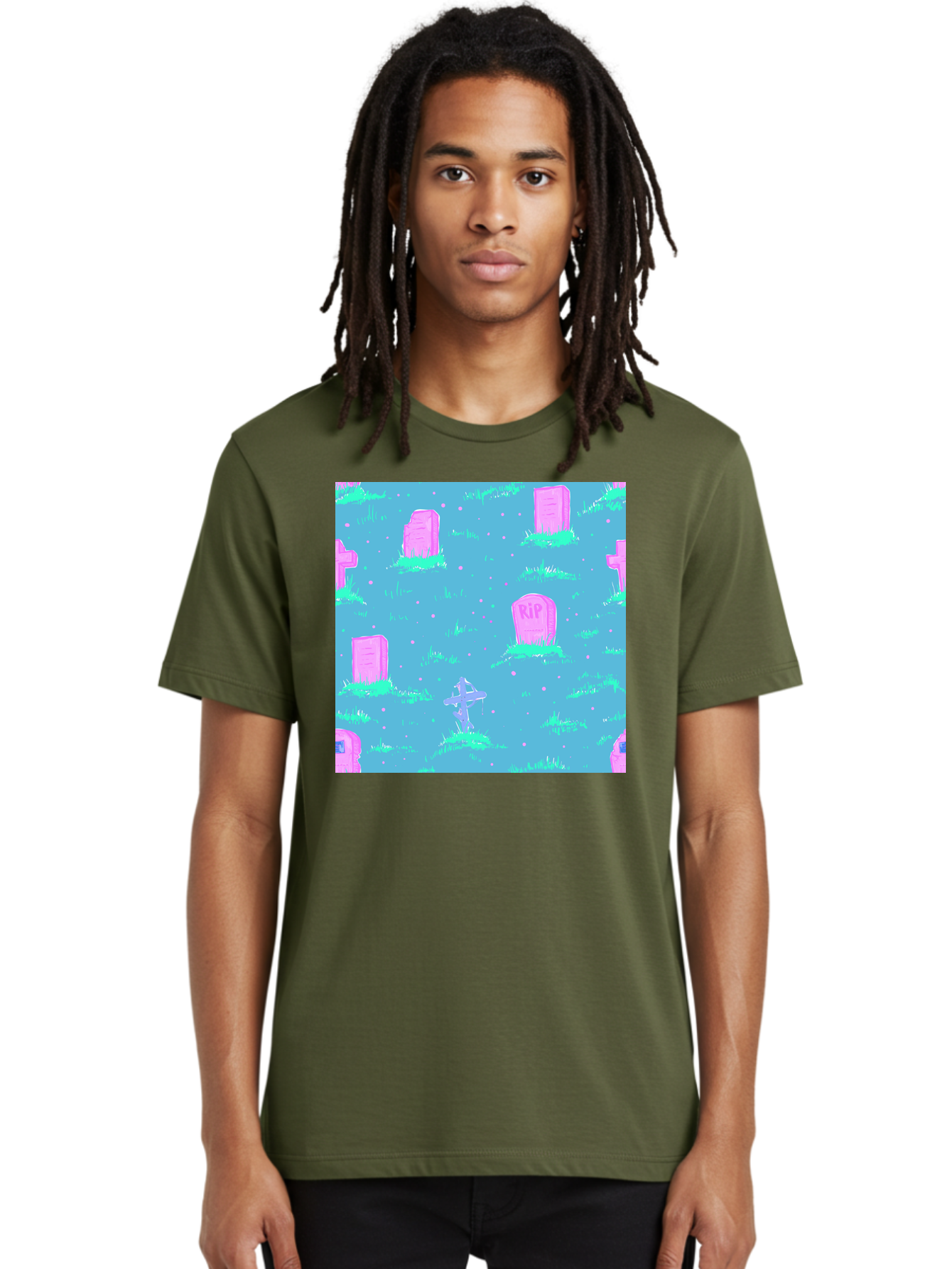 Graveyard-Pattern Men'S Graphic Tee, 100% Cotton, Comfortable Casual Summer Wear, Machine Washable, Tombstones With Rip, Graveyard Scene, Pastel Pink Headstones, Grassy Burial Grounds, Spooky Ambiance, Eerie Atmosphere, Ghostly Vibes, Aac395