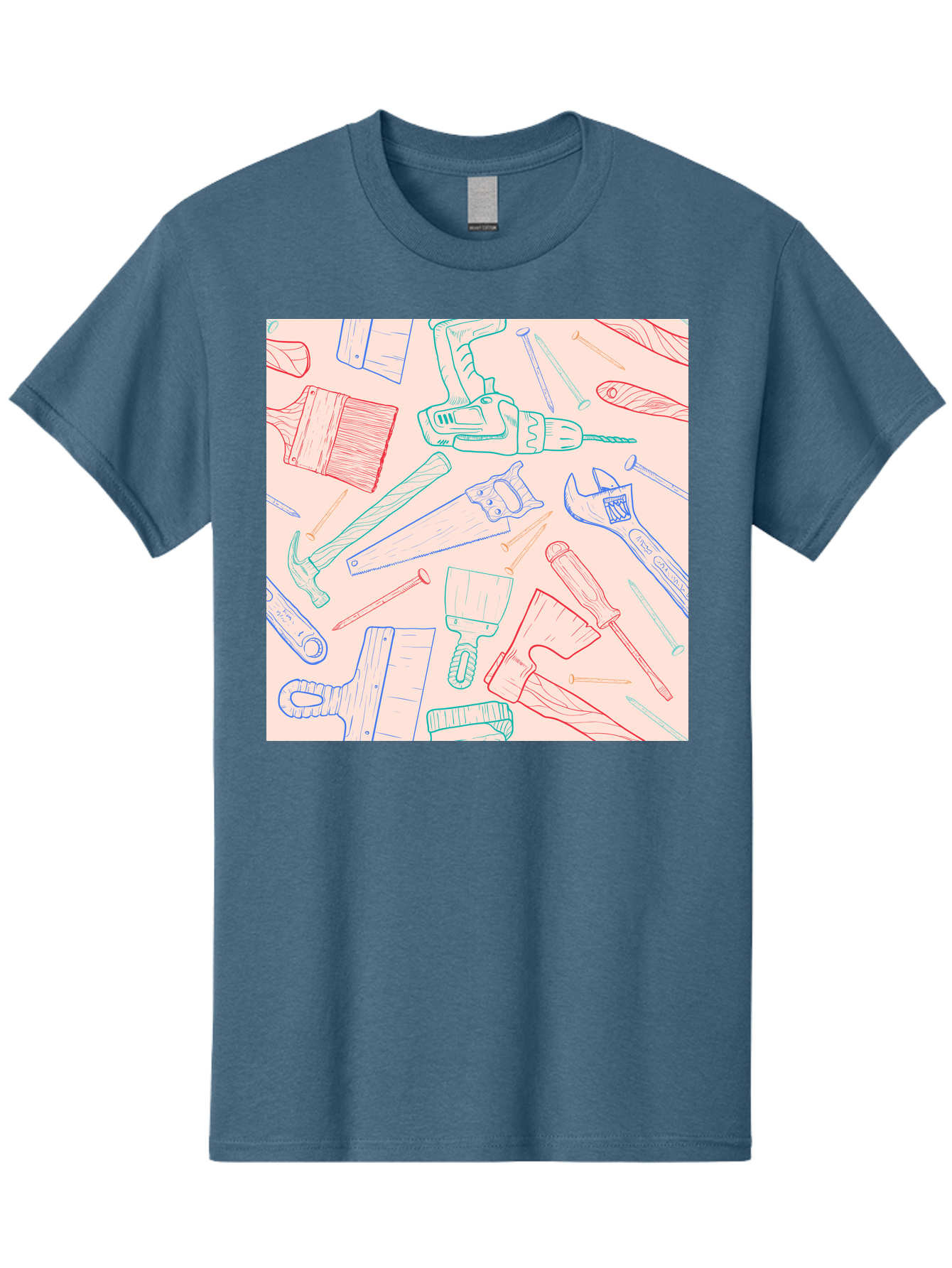 Hand-Tools Men'S Graphic Tee, 100% Cotton, Comfortable Casual Summer Wear, Machine Washable, Hand Tools, Diy Equipment, Construction Tools, Hammer, Screwdrivers, Pliers, Saws, Wrenches, Paintbrushes, Rollers, Hand-Drawn Illustrations, Aac396