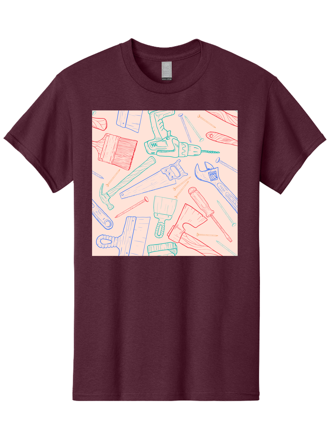 Hand-Tools Men'S Graphic Tee, 100% Cotton, Comfortable Casual Summer Wear, Machine Washable, Hand Tools, Diy Equipment, Construction Tools, Hammer, Screwdrivers, Pliers, Saws, Wrenches, Paintbrushes, Rollers, Hand-Drawn Illustrations, Aac396