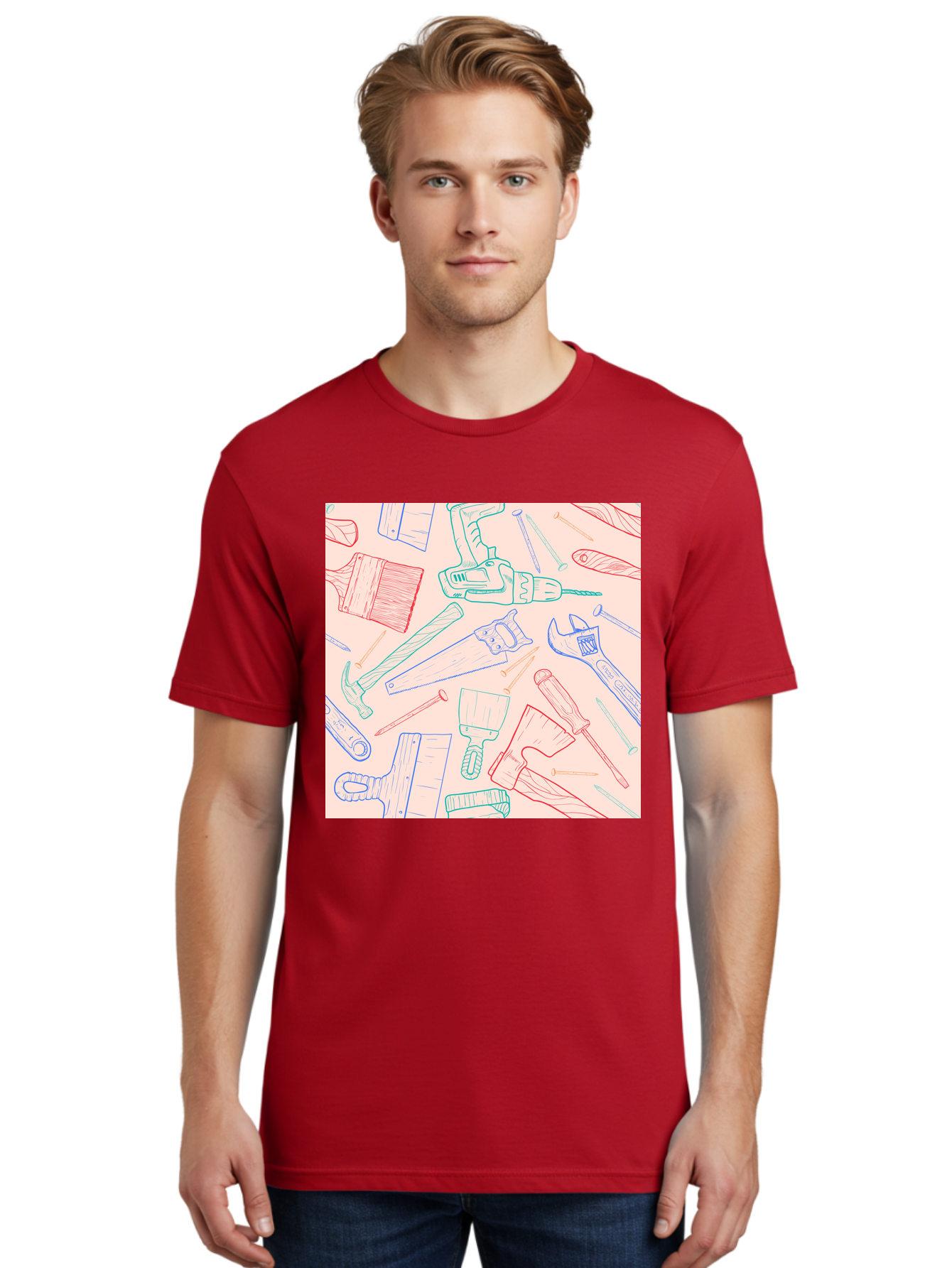 Hand-Tools Men'S Graphic Tee, 100% Cotton, Comfortable Casual Summer Wear, Machine Washable, Hand Tools, Diy Equipment, Construction Tools, Hammer, Screwdrivers, Pliers, Saws, Wrenches, Paintbrushes, Rollers, Hand-Drawn Illustrations, Aac396