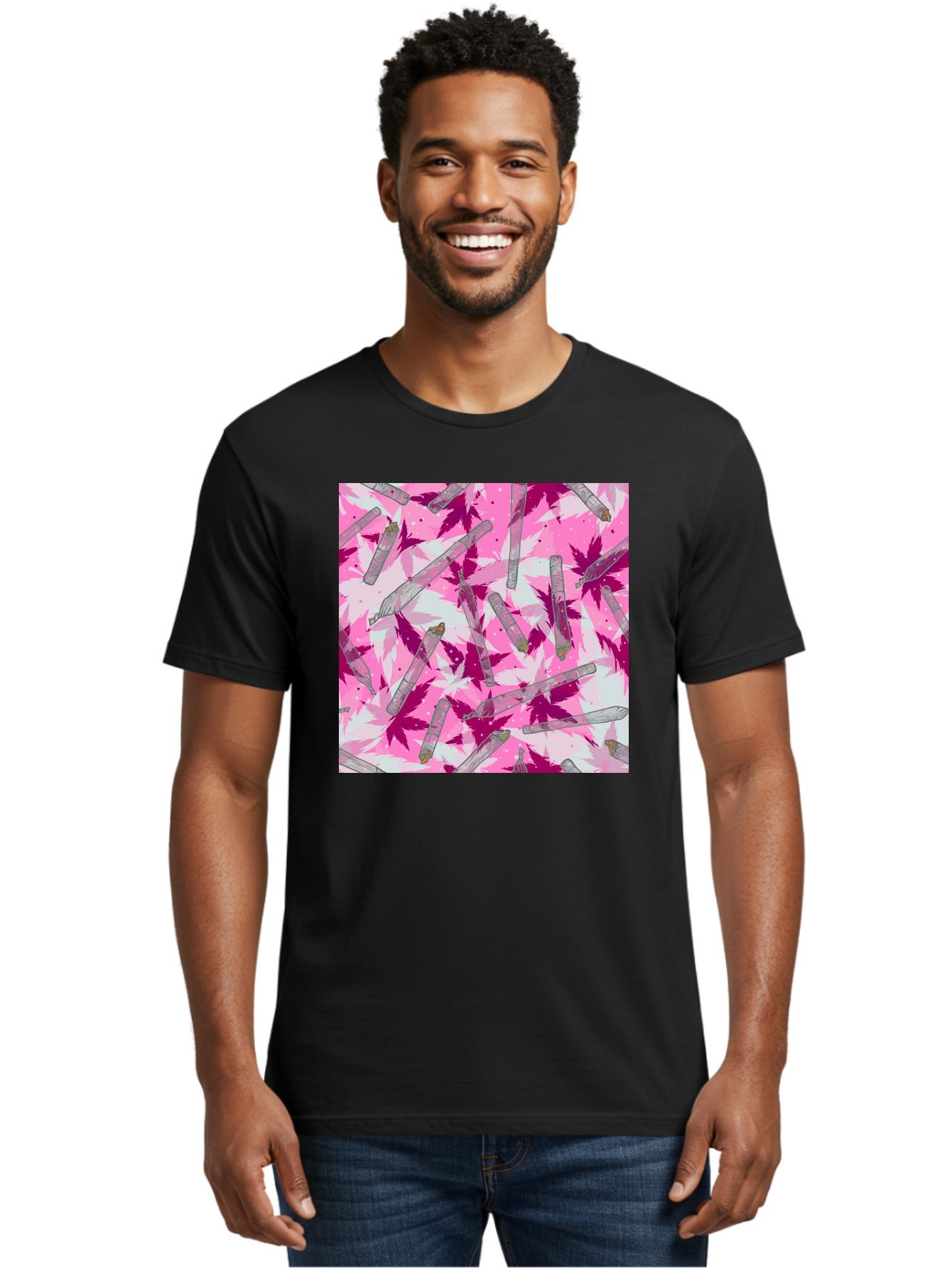 Joints-And-Marijuana-Leaves Men'S Graphic Tee, 100% Cotton, Comfortable Casual Summer Wear, Machine Washable, Cannabis Culture, Marijuana Leaves, Joints, Pink And Purple Hues, Cannabis Art, Weed Patterns, Smoking Accessories, Vibrant Colors, Aac399