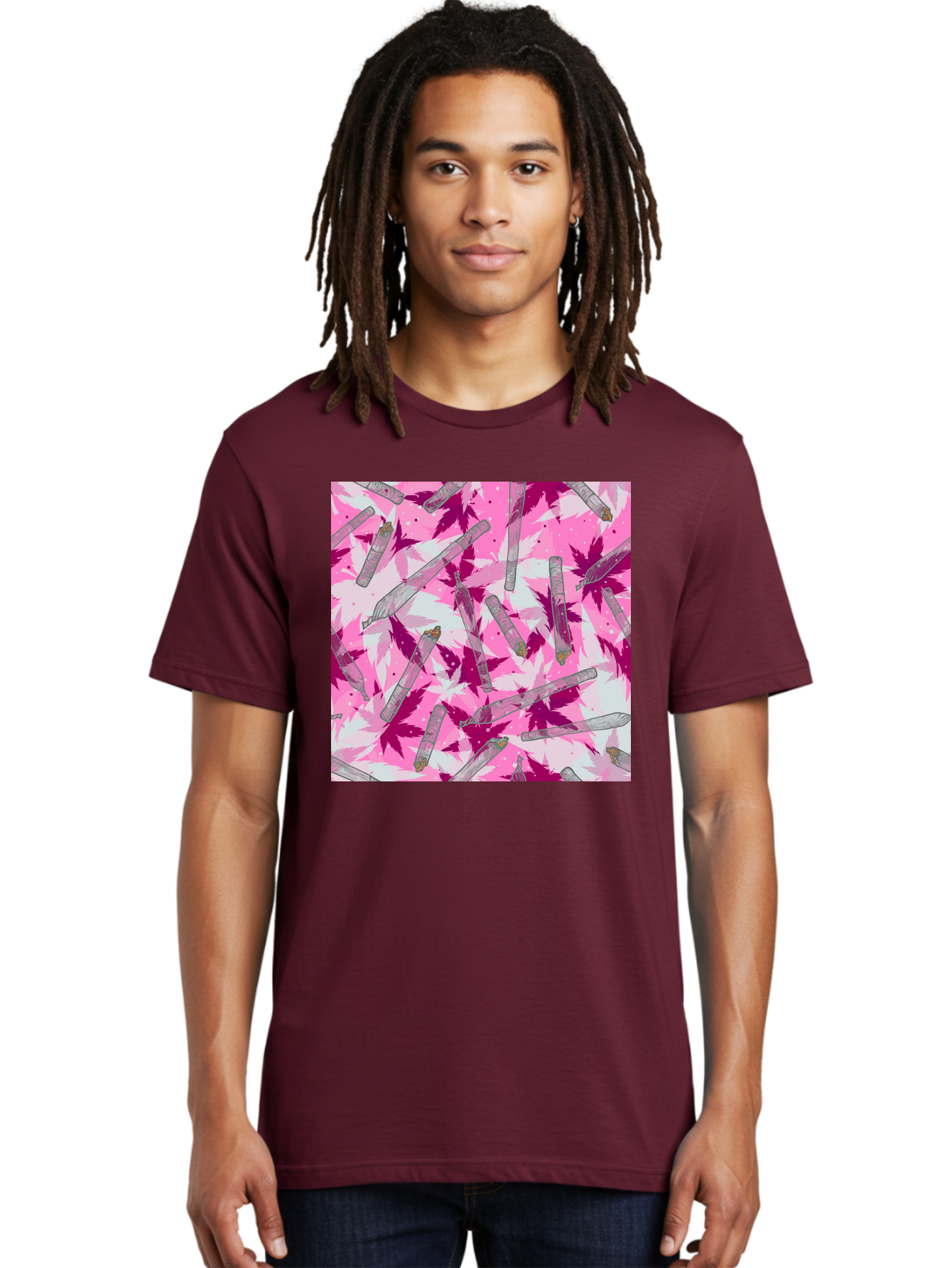 Joints-And-Marijuana-Leaves Men'S Graphic Tee, 100% Cotton, Comfortable Casual Summer Wear, Machine Washable, Cannabis Culture, Marijuana Leaves, Joints, Pink And Purple Hues, Cannabis Art, Weed Patterns, Smoking Accessories, Vibrant Colors, Aac399