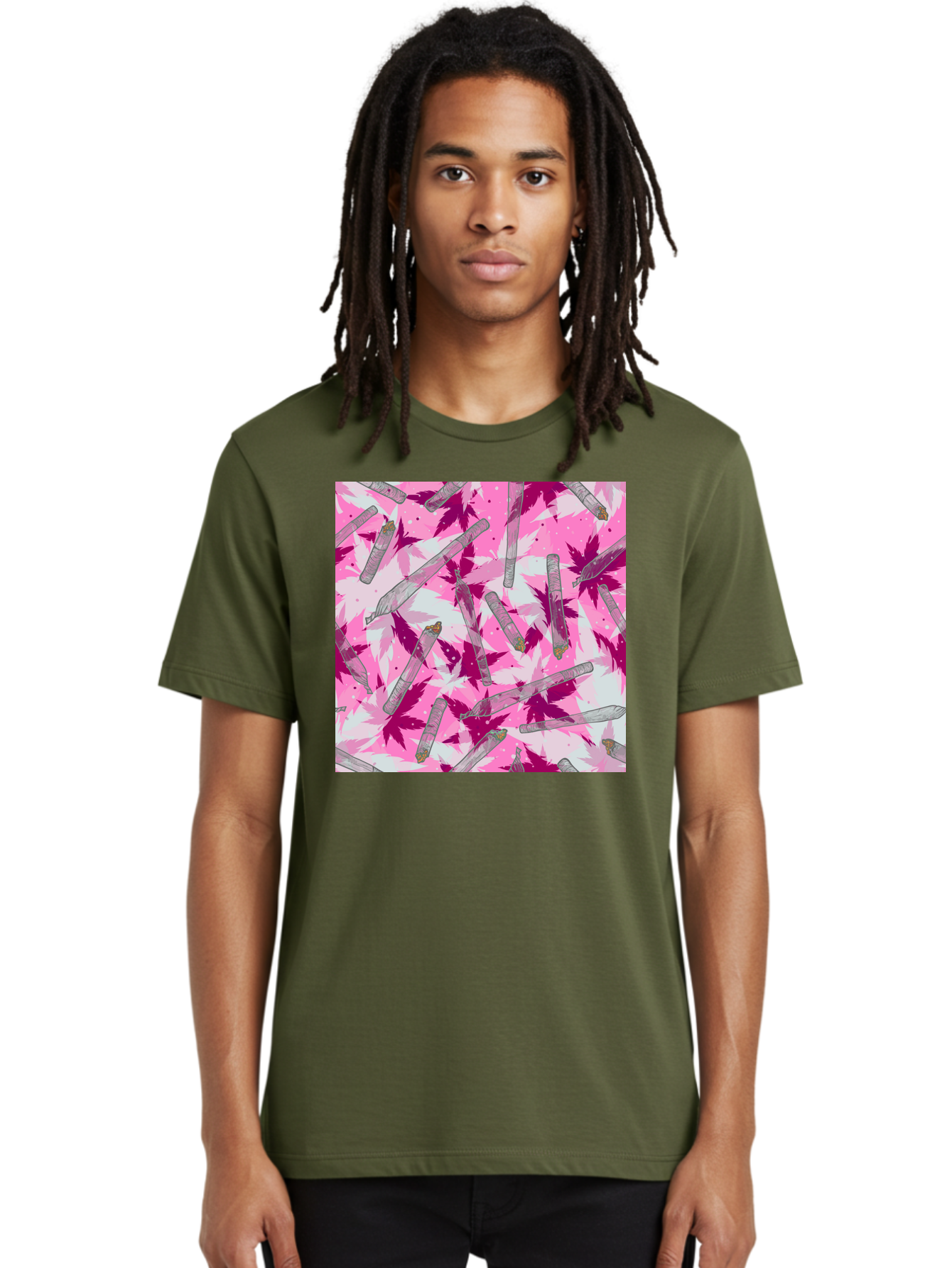 Joints-And-Marijuana-Leaves Men'S Graphic Tee, 100% Cotton, Comfortable Casual Summer Wear, Machine Washable, Cannabis Culture, Marijuana Leaves, Joints, Pink And Purple Hues, Cannabis Art, Weed Patterns, Smoking Accessories, Vibrant Colors, Aac399
