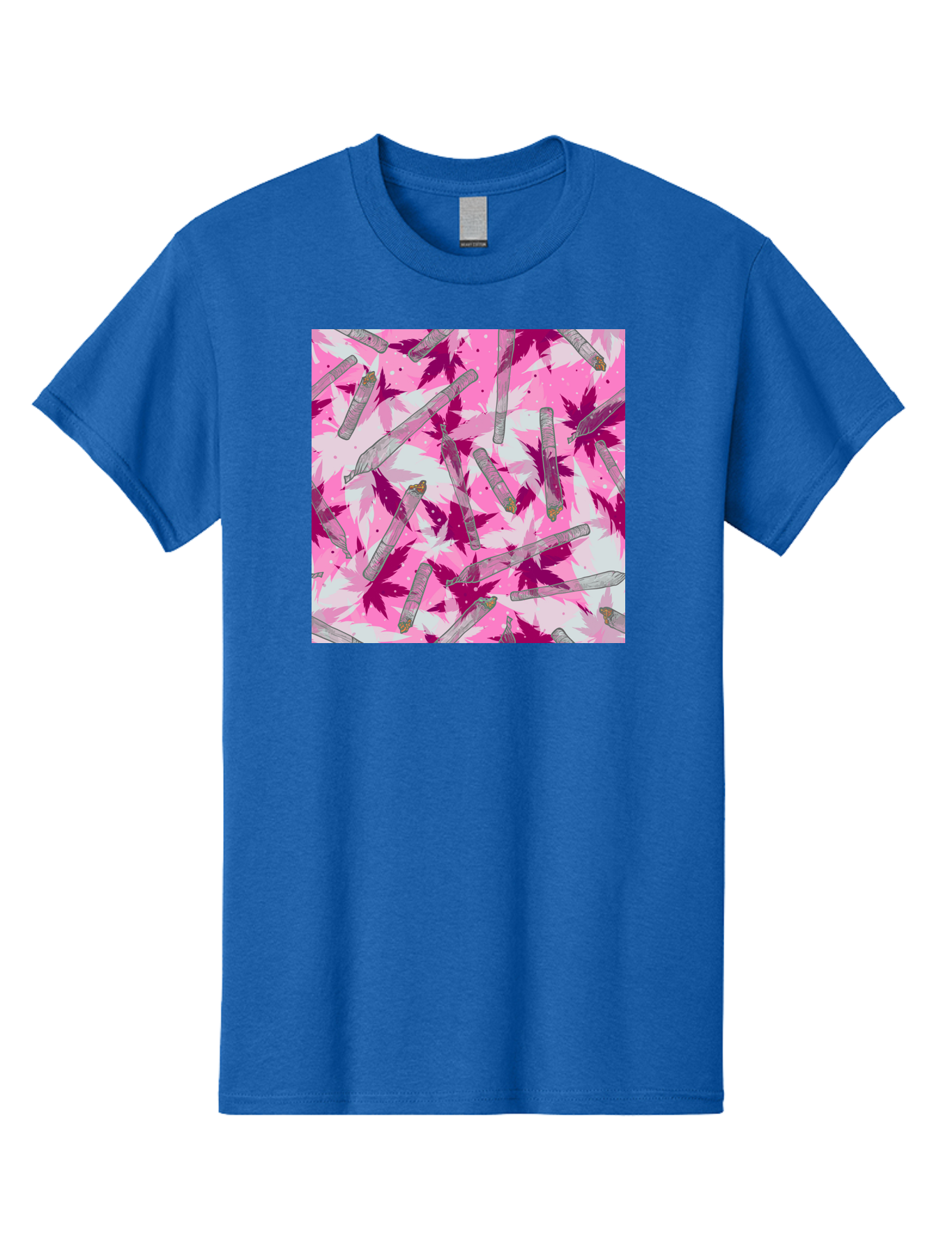 Joints-And-Marijuana-Leaves Men'S Graphic Tee, 100% Cotton, Comfortable Casual Summer Wear, Machine Washable, Cannabis Culture, Marijuana Leaves, Joints, Pink And Purple Hues, Cannabis Art, Weed Patterns, Smoking Accessories, Vibrant Colors, Aac399