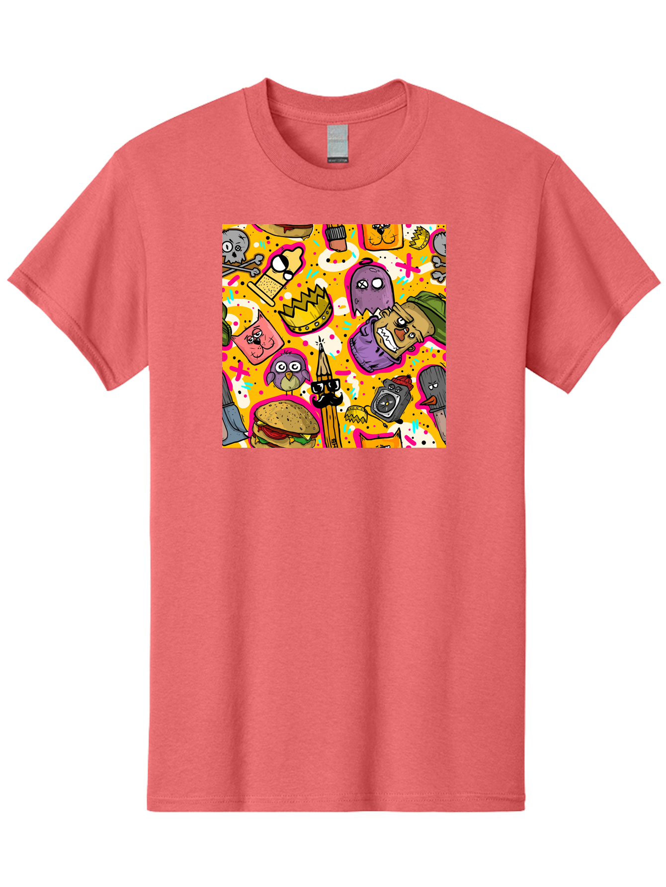 Kawaii-Characters Men'S Graphic Tee, 100% Cotton, Comfortable Casual Summer Wear, Machine Washable, Quirky Cartoon Characters, Whimsical Pattern, Playful Doodles, Cartoon Crowns, Doodle Art, Cartoon Ghosts, Funny Characters, Hamburger, Tower, Aac400