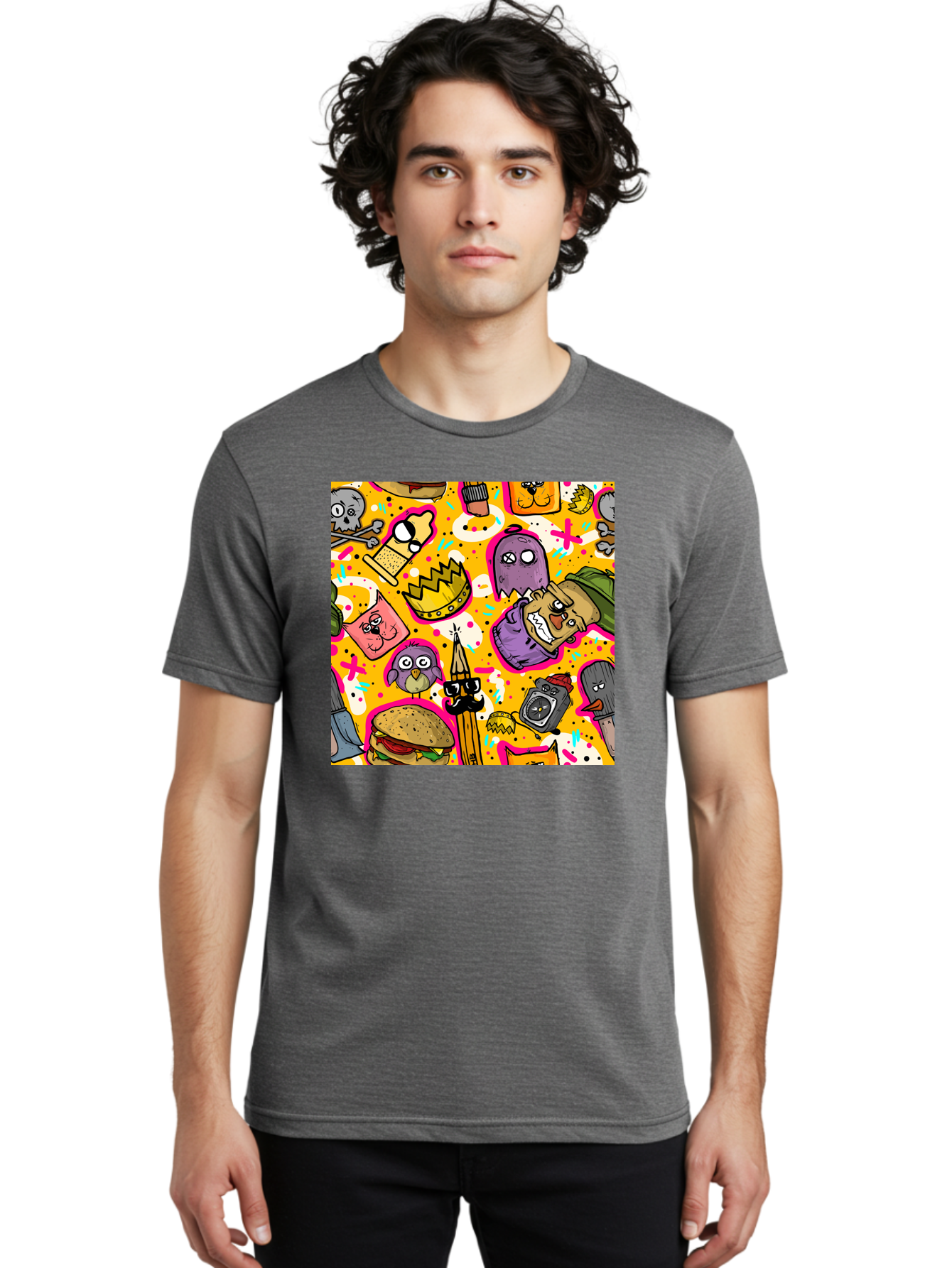 Kawaii-Characters Men'S Graphic Tee, 100% Cotton, Comfortable Casual Summer Wear, Machine Washable, Quirky Cartoon Characters, Whimsical Pattern, Playful Doodles, Cartoon Crowns, Doodle Art, Cartoon Ghosts, Funny Characters, Hamburger, Tower, Aac400