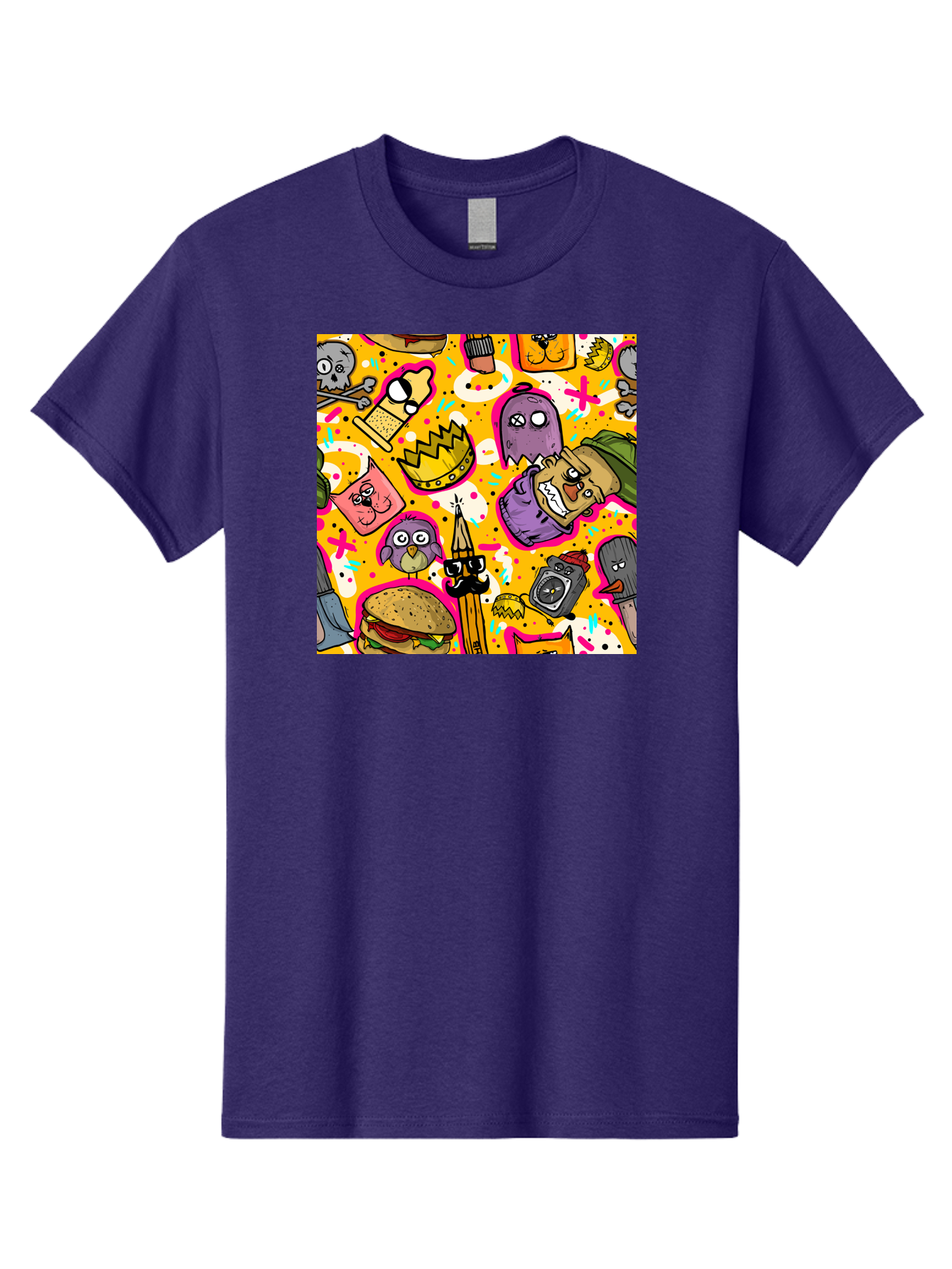Kawaii-Characters Men'S Graphic Tee, 100% Cotton, Comfortable Casual Summer Wear, Machine Washable, Quirky Cartoon Characters, Whimsical Pattern, Playful Doodles, Cartoon Crowns, Doodle Art, Cartoon Ghosts, Funny Characters, Hamburger, Tower, Aac400