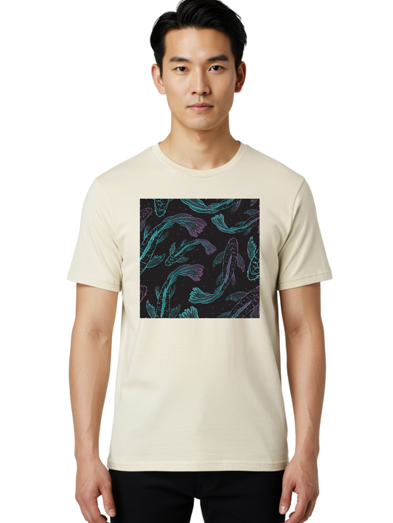 Koi-Fish-Pattern Men'S Graphic Tee, 100% Cotton, Comfortable Casual Summer Wear, Machine Washable, Koi Fish Pattern, Neon Koi, Fish Illustration, Aquatic Design, Vibrant Colors, Whimsical Artwork, Abstract Fish, Digital Art, Koi Fish Art, Aac401