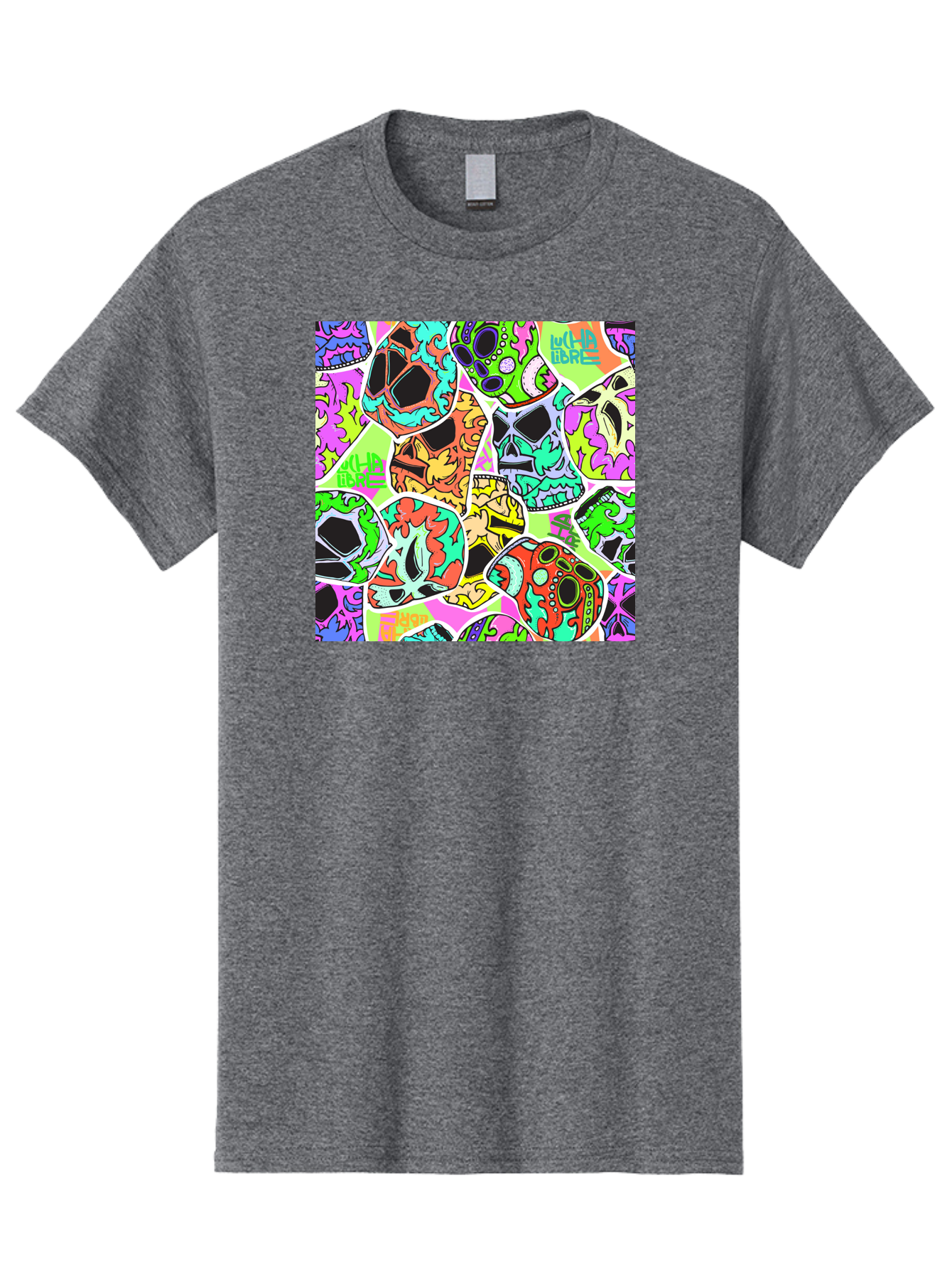 Lull-Em-Bars-Sugar-Skulls Men'S Graphic Tee, 100% Cotton, Comfortable Casual Summer Wear, Machine Washable, Psychedelic Skulls, Vibrant Colors, Floral Patterns, Abstract Designs, Colorful Artwork, Skull Art, Digital Illustration, Lull 'Em Bars Aac403