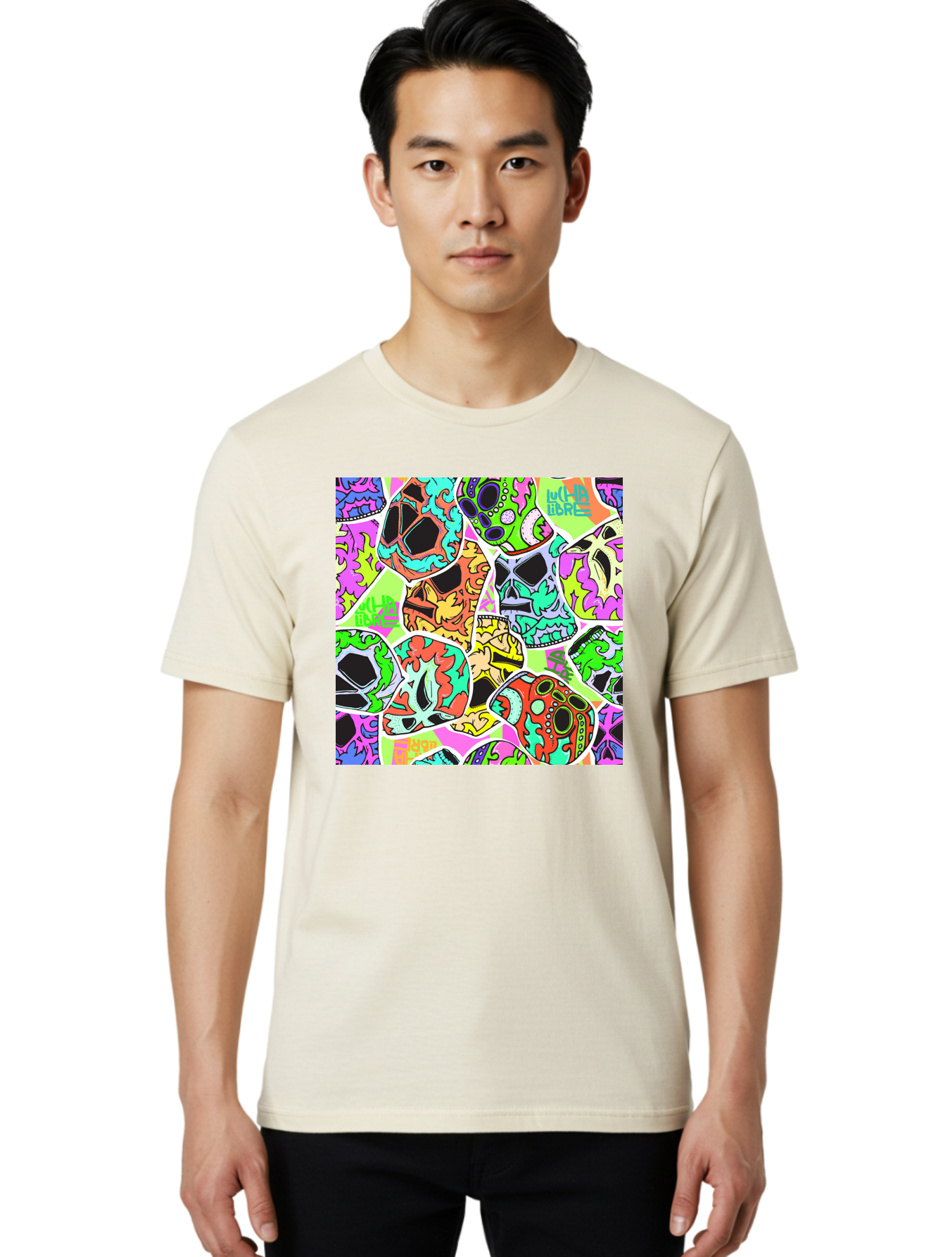Lull-Em-Bars-Sugar-Skulls Men'S Graphic Tee, 100% Cotton, Comfortable Casual Summer Wear, Machine Washable, Psychedelic Skulls, Vibrant Colors, Floral Patterns, Abstract Designs, Colorful Artwork, Skull Art, Digital Illustration, Lull 'Em Bars Aac403