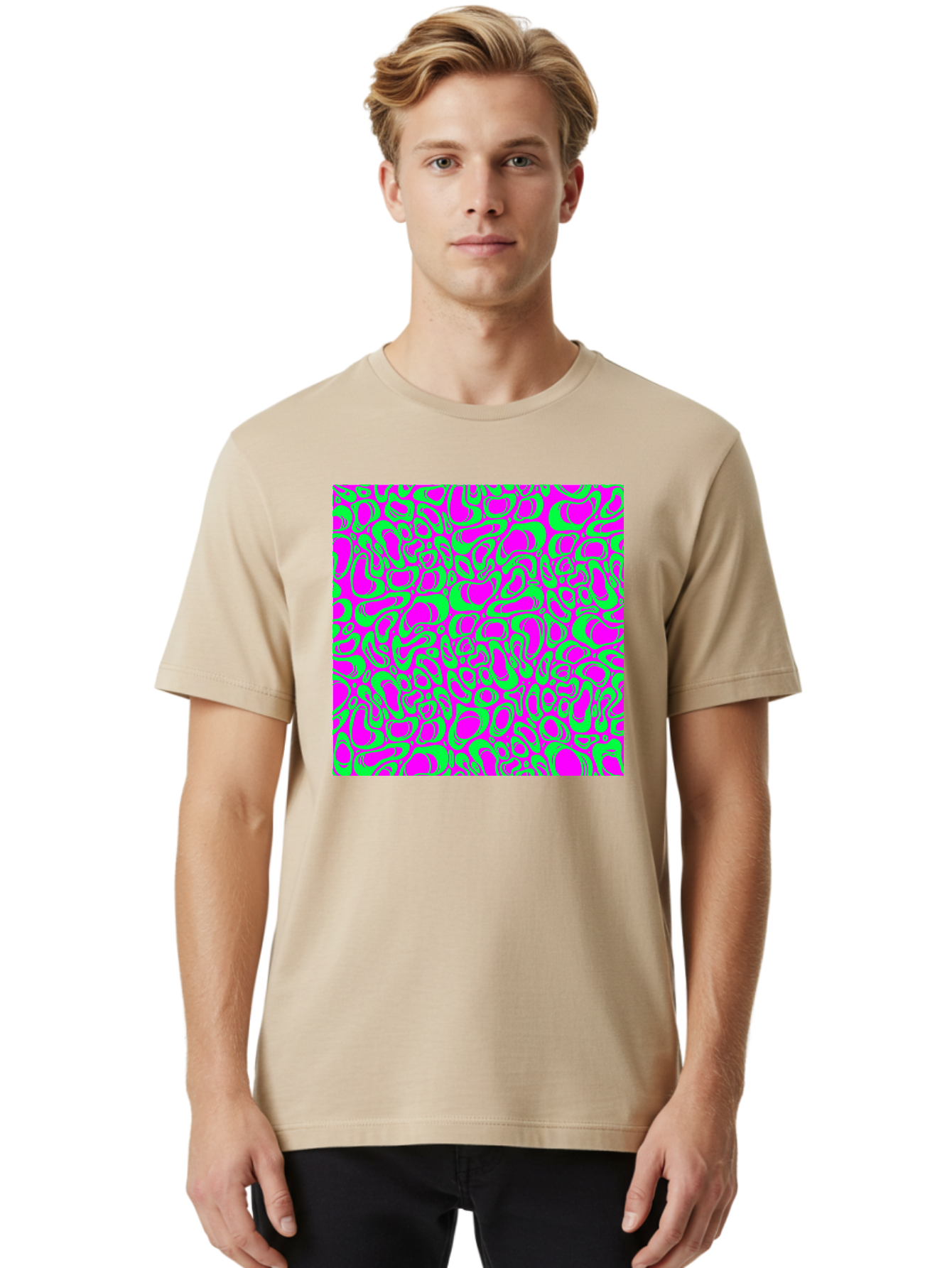 Magenta-And-Green-Pattern Men'S Graphic Tee, 100% Cotton, Comfortable Casual Summer Wear, Machine Washable, Leopard Print Pattern, Animal Print Design, Vibrant Colors, Bold Fashion Statement, Abstract Texture, Colorful Graphic Aac404