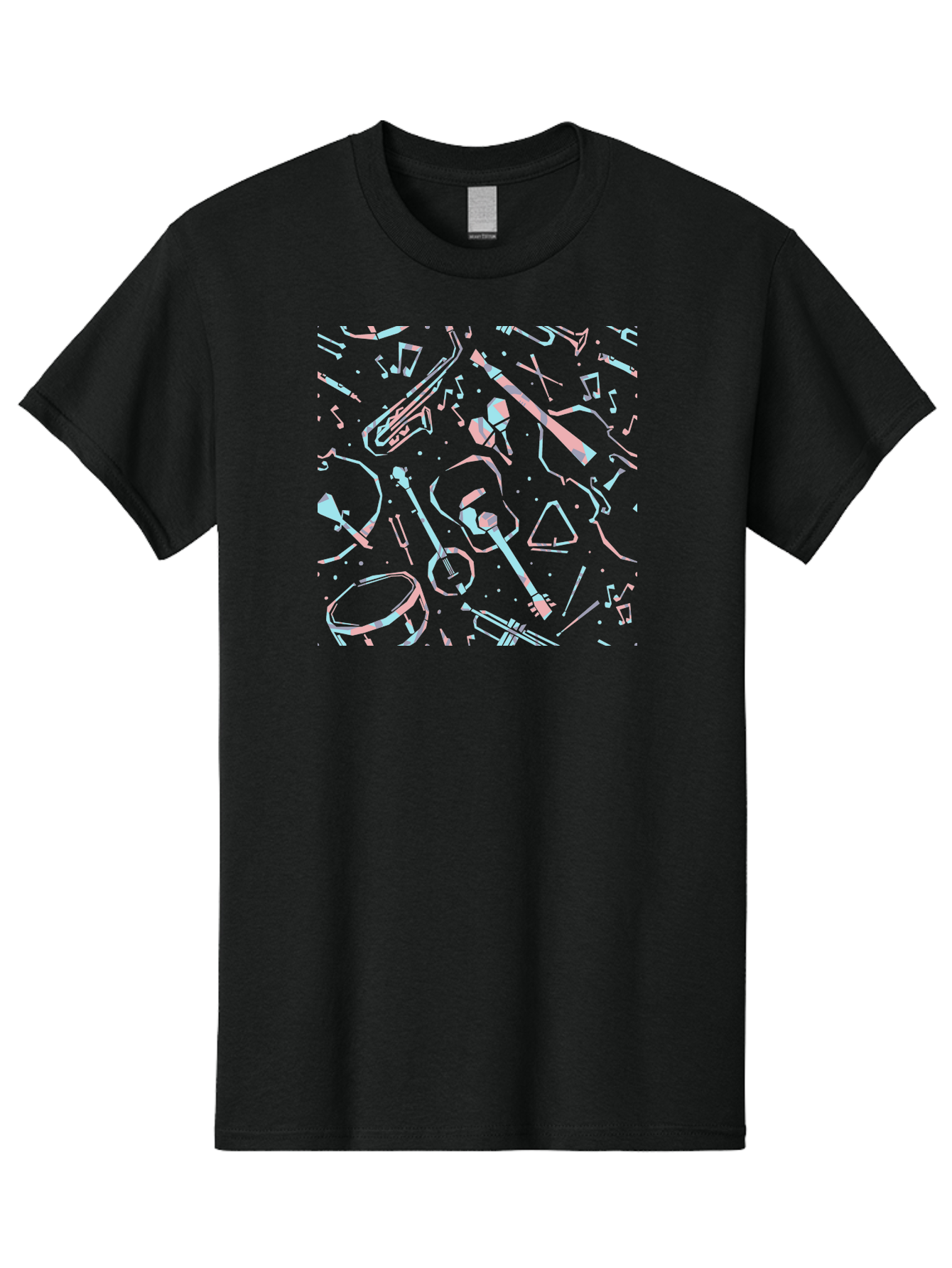 Music-Instruments-Pattern-1 Men'S Graphic Tee, 100% Cotton, Comfortable Casual Summer Wear, Machine Washable, Music Instruments, Musical Notes, Guitar, Saxophone, Trumpet, Drum, Violin, Abstract Art, Creative Design, Musical Elements, Aac407