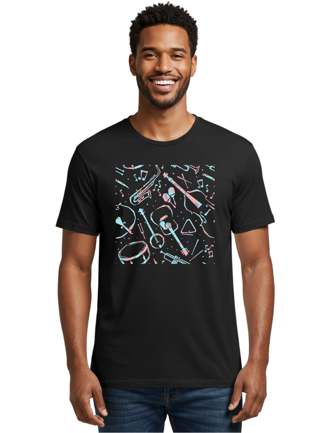 Music-Instruments-Pattern-1 Men'S Graphic Tee, 100% Cotton, Comfortable Casual Summer Wear, Machine Washable, Music Instruments, Musical Notes, Guitar, Saxophone, Trumpet, Drum, Violin, Abstract Art, Creative Design, Musical Elements, Aac407