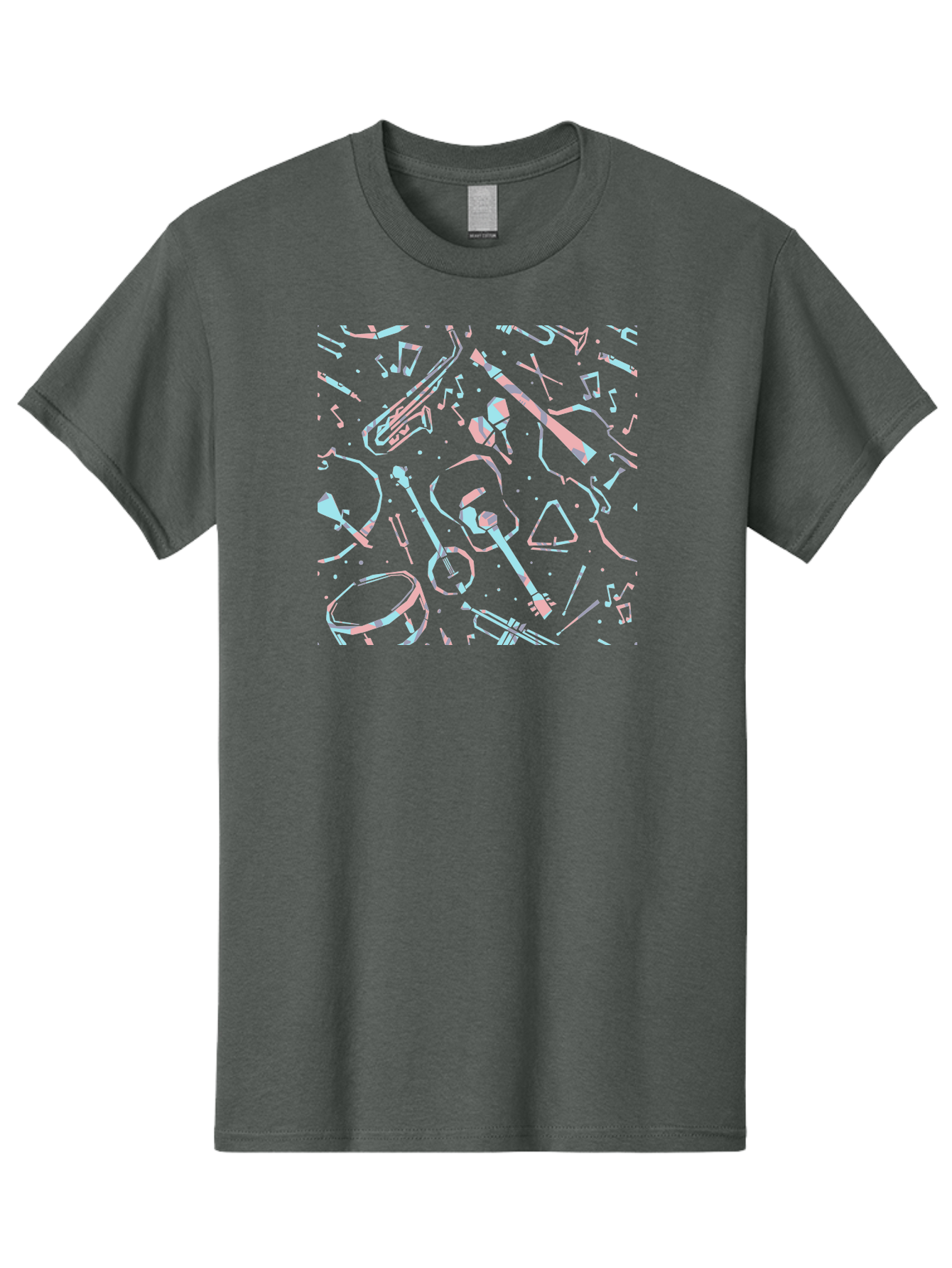 Music-Instruments-Pattern-1 Men'S Graphic Tee, 100% Cotton, Comfortable Casual Summer Wear, Machine Washable, Music Instruments, Musical Notes, Guitar, Saxophone, Trumpet, Drum, Violin, Abstract Art, Creative Design, Musical Elements, Aac407