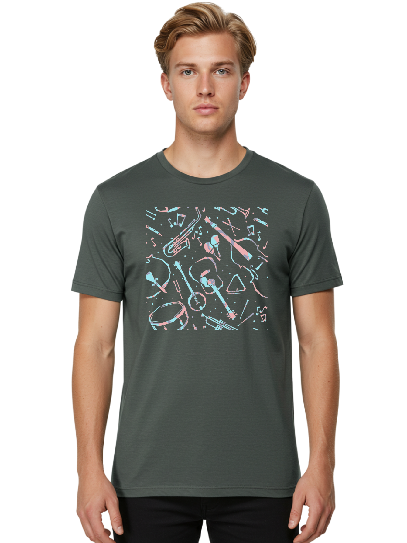 Music-Instruments-Pattern-1 Men'S Graphic Tee, 100% Cotton, Comfortable Casual Summer Wear, Machine Washable, Music Instruments, Musical Notes, Guitar, Saxophone, Trumpet, Drum, Violin, Abstract Art, Creative Design, Musical Elements, Aac407