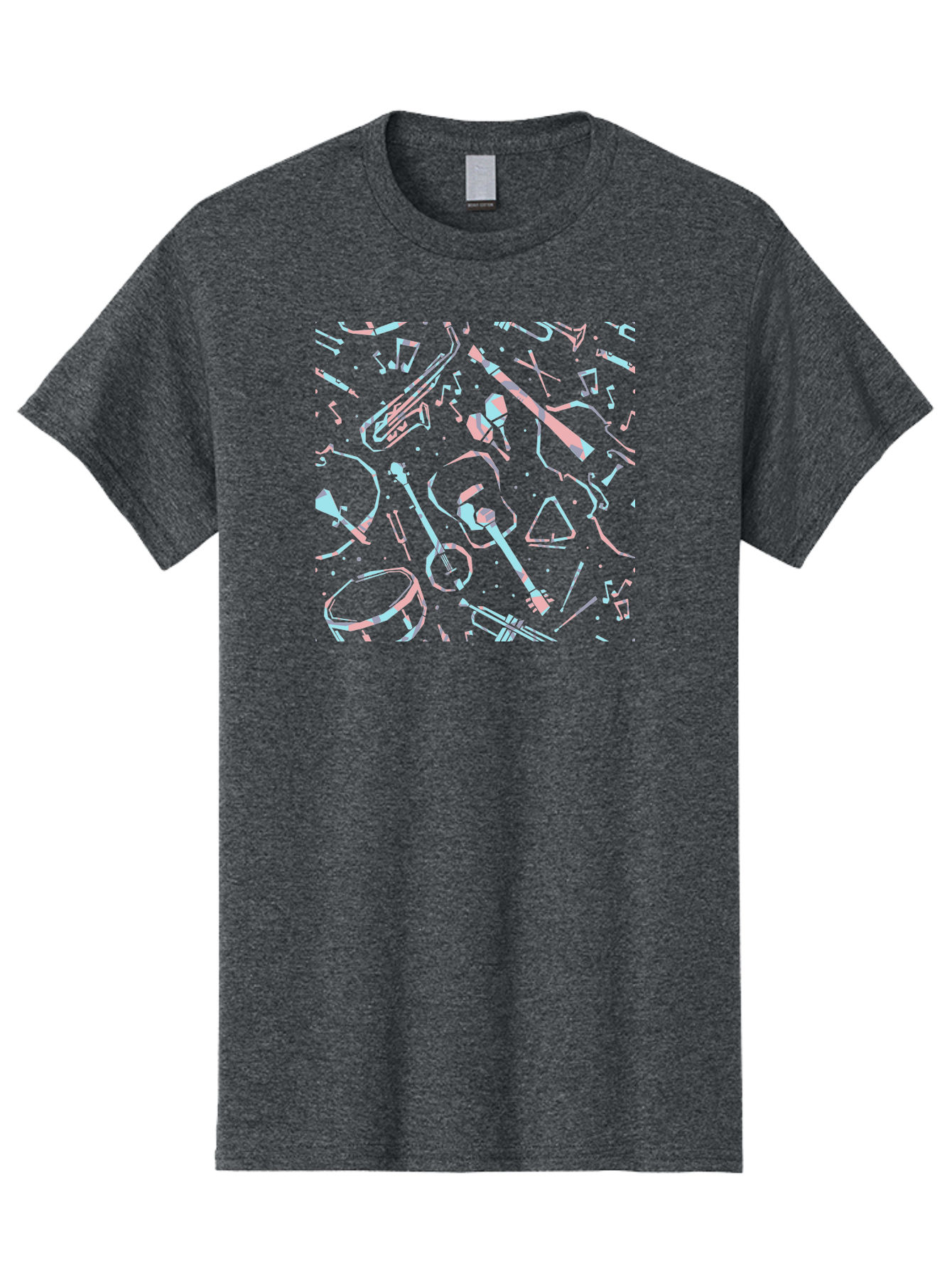 Music-Instruments-Pattern-1 Men'S Graphic Tee, 100% Cotton, Comfortable Casual Summer Wear, Machine Washable, Music Instruments, Musical Notes, Guitar, Saxophone, Trumpet, Drum, Violin, Abstract Art, Creative Design, Musical Elements, Aac407