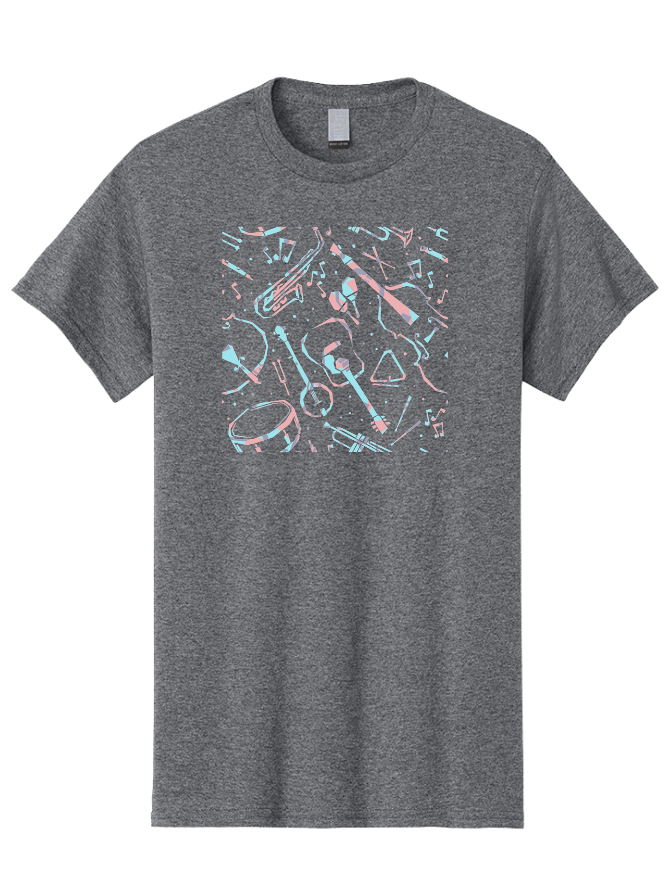 Music-Instruments-Pattern-1 Men'S Graphic Tee, 100% Cotton, Comfortable Casual Summer Wear, Machine Washable, Music Instruments, Musical Notes, Guitar, Saxophone, Trumpet, Drum, Violin, Abstract Art, Creative Design, Musical Elements, Aac407