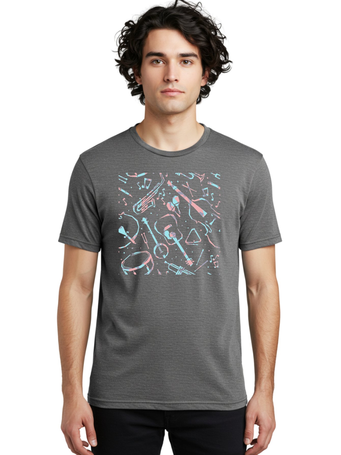 Music-Instruments-Pattern-1 Men'S Graphic Tee, 100% Cotton, Comfortable Casual Summer Wear, Machine Washable, Music Instruments, Musical Notes, Guitar, Saxophone, Trumpet, Drum, Violin, Abstract Art, Creative Design, Musical Elements, Aac407