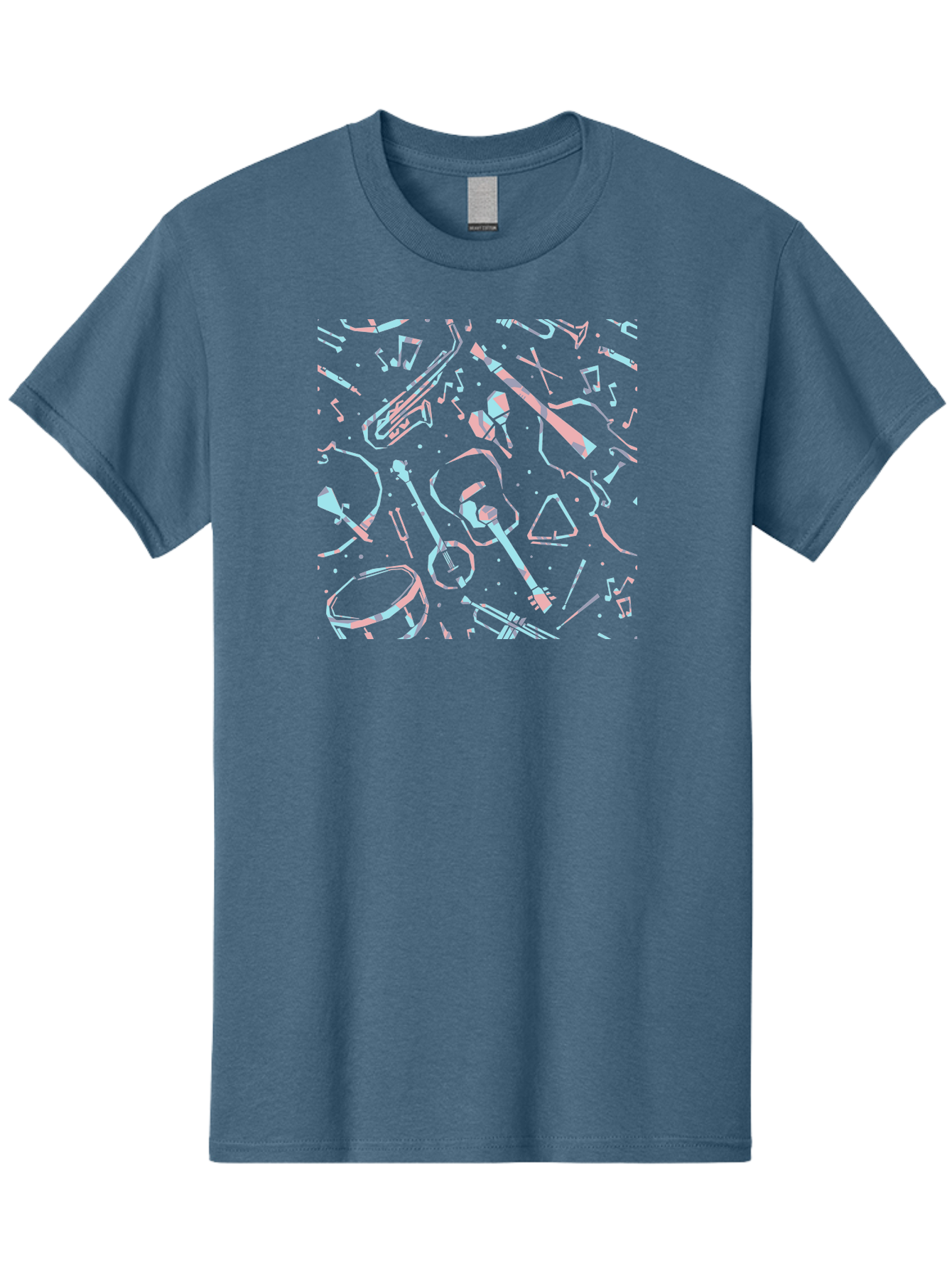 Music-Instruments-Pattern-1 Men'S Graphic Tee, 100% Cotton, Comfortable Casual Summer Wear, Machine Washable, Music Instruments, Musical Notes, Guitar, Saxophone, Trumpet, Drum, Violin, Abstract Art, Creative Design, Musical Elements, Aac407