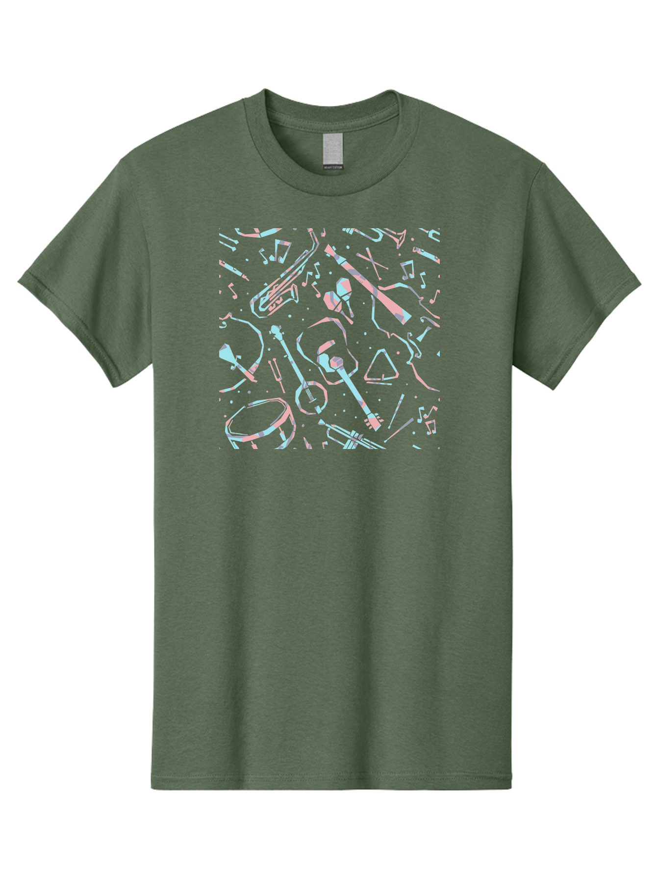 Music-Instruments-Pattern-1 Men'S Graphic Tee, 100% Cotton, Comfortable Casual Summer Wear, Machine Washable, Music Instruments, Musical Notes, Guitar, Saxophone, Trumpet, Drum, Violin, Abstract Art, Creative Design, Musical Elements, Aac407