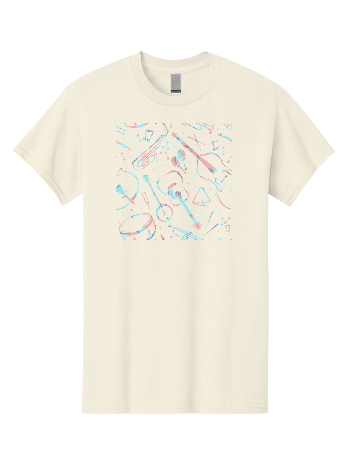Music-Instruments-Pattern-1 Men'S Graphic Tee, 100% Cotton, Comfortable Casual Summer Wear, Machine Washable, Music Instruments, Musical Notes, Guitar, Saxophone, Trumpet, Drum, Violin, Abstract Art, Creative Design, Musical Elements, Aac407