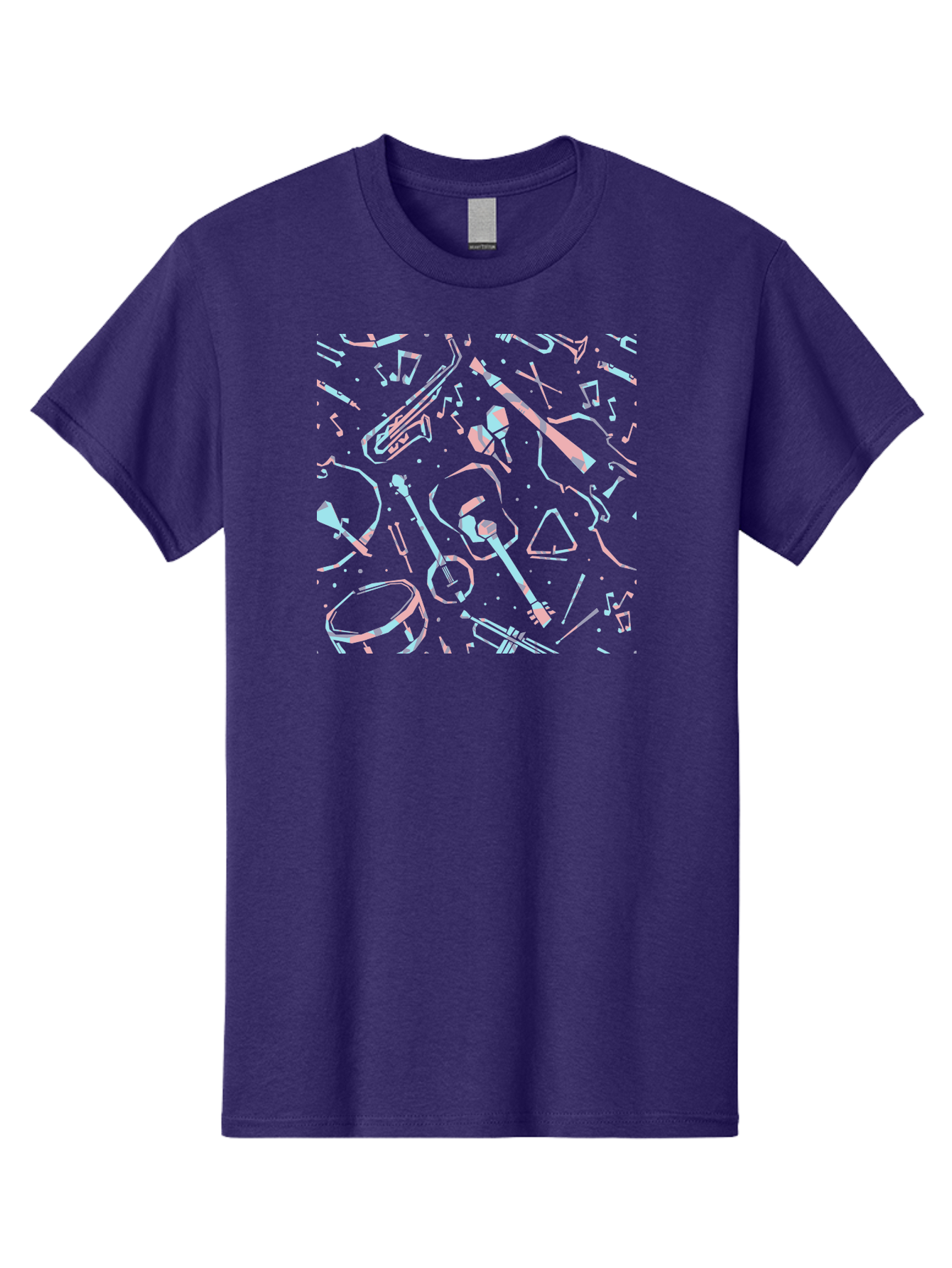 Music-Instruments-Pattern-1 Men'S Graphic Tee, 100% Cotton, Comfortable Casual Summer Wear, Machine Washable, Music Instruments, Musical Notes, Guitar, Saxophone, Trumpet, Drum, Violin, Abstract Art, Creative Design, Musical Elements, Aac407