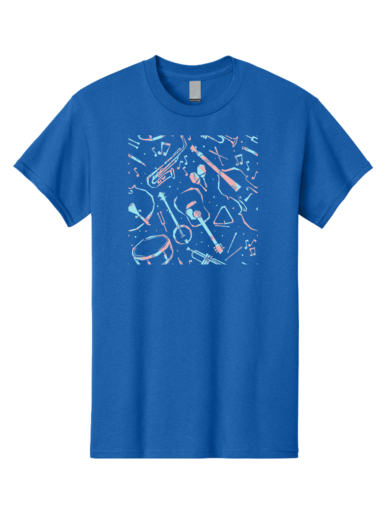 Music-Instruments-Pattern-1 Men'S Graphic Tee, 100% Cotton, Comfortable Casual Summer Wear, Machine Washable, Music Instruments, Musical Notes, Guitar, Saxophone, Trumpet, Drum, Violin, Abstract Art, Creative Design, Musical Elements, Aac407