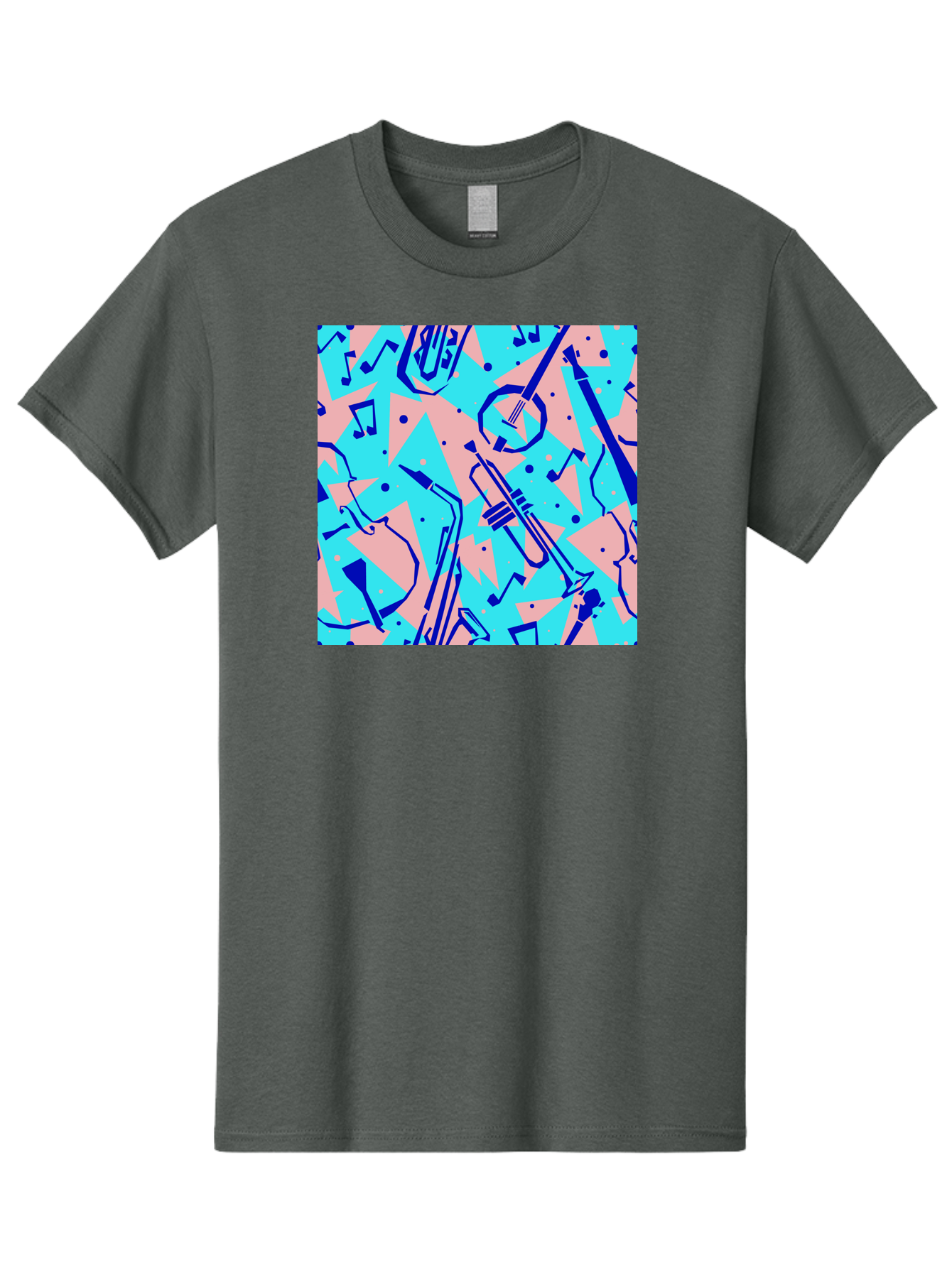 Music-Instruments-Pattern Men'S Graphic Tee, 100% Cotton, Comfortable Casual Summer Wear, Machine Washable, Musical Instruments, Jazz Instruments, Trumpet, Saxophone, Music Notes, Abstract Pattern, Creative Design, Vibrant Colors, Aac408