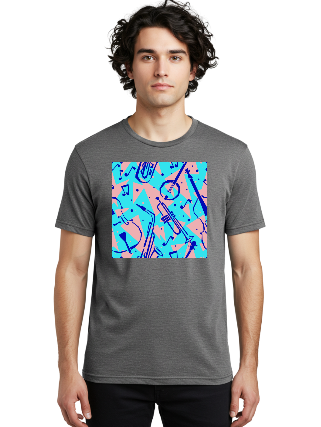 Music-Instruments-Pattern Men'S Graphic Tee, 100% Cotton, Comfortable Casual Summer Wear, Machine Washable, Musical Instruments, Jazz Instruments, Trumpet, Saxophone, Music Notes, Abstract Pattern, Creative Design, Vibrant Colors, Aac408