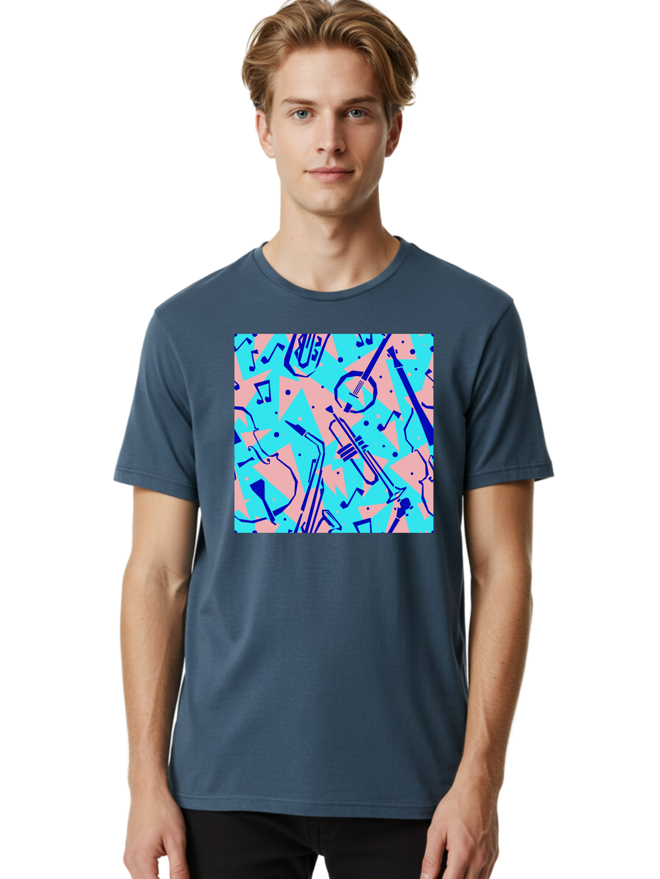 Music-Instruments-Pattern Men'S Graphic Tee, 100% Cotton, Comfortable Casual Summer Wear, Machine Washable, Musical Instruments, Jazz Instruments, Trumpet, Saxophone, Music Notes, Abstract Pattern, Creative Design, Vibrant Colors, Aac408