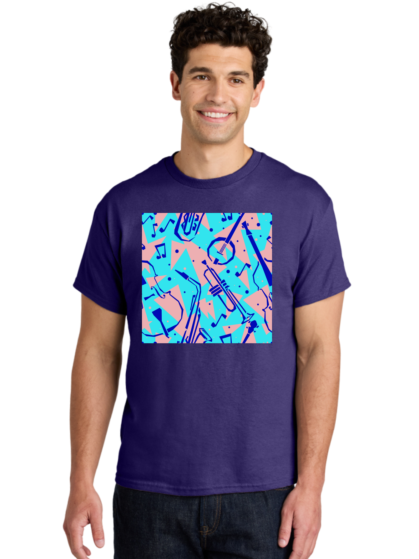 Music-Instruments-Pattern Men'S Graphic Tee, 100% Cotton, Comfortable Casual Summer Wear, Machine Washable, Musical Instruments, Jazz Instruments, Trumpet, Saxophone, Music Notes, Abstract Pattern, Creative Design, Vibrant Colors, Aac408