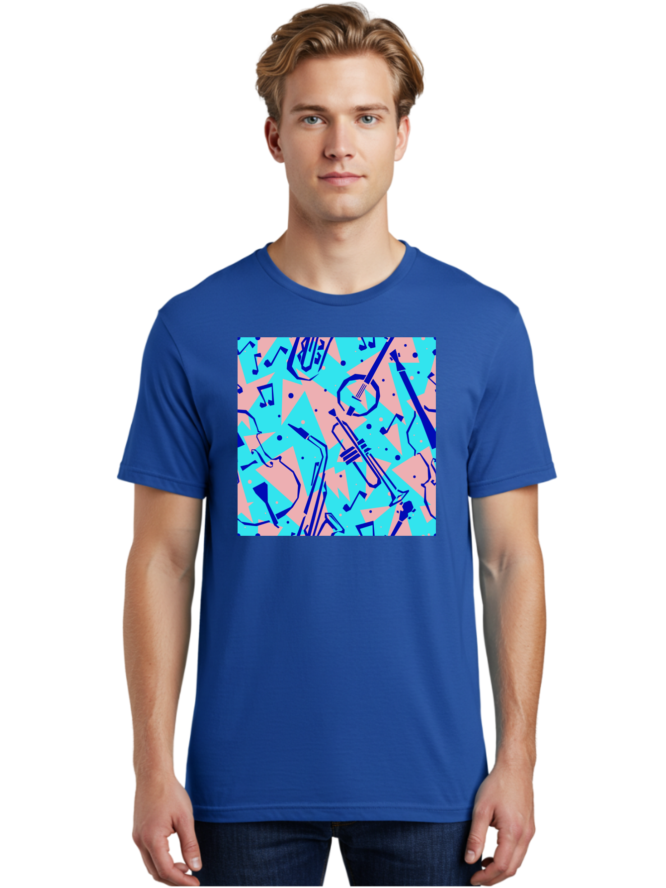 Music-Instruments-Pattern Men'S Graphic Tee, 100% Cotton, Comfortable Casual Summer Wear, Machine Washable, Musical Instruments, Jazz Instruments, Trumpet, Saxophone, Music Notes, Abstract Pattern, Creative Design, Vibrant Colors, Aac408