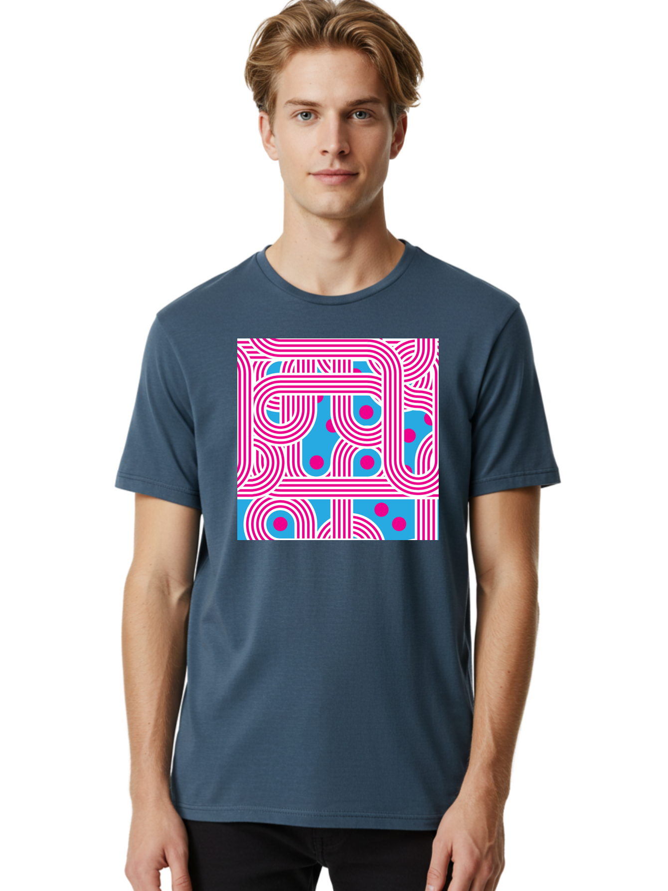 Pink-Lines-And-Dots Men'S Graphic Tee, 100% Cotton, Comfortable Casual Summer Wear, Machine Washable, Pink Lines Pattern, Blue Background, Geometric Shapes, Abstract Design, Vibrant Colors, Modern Art, Playful Graphics, Contemporary Style Aac411