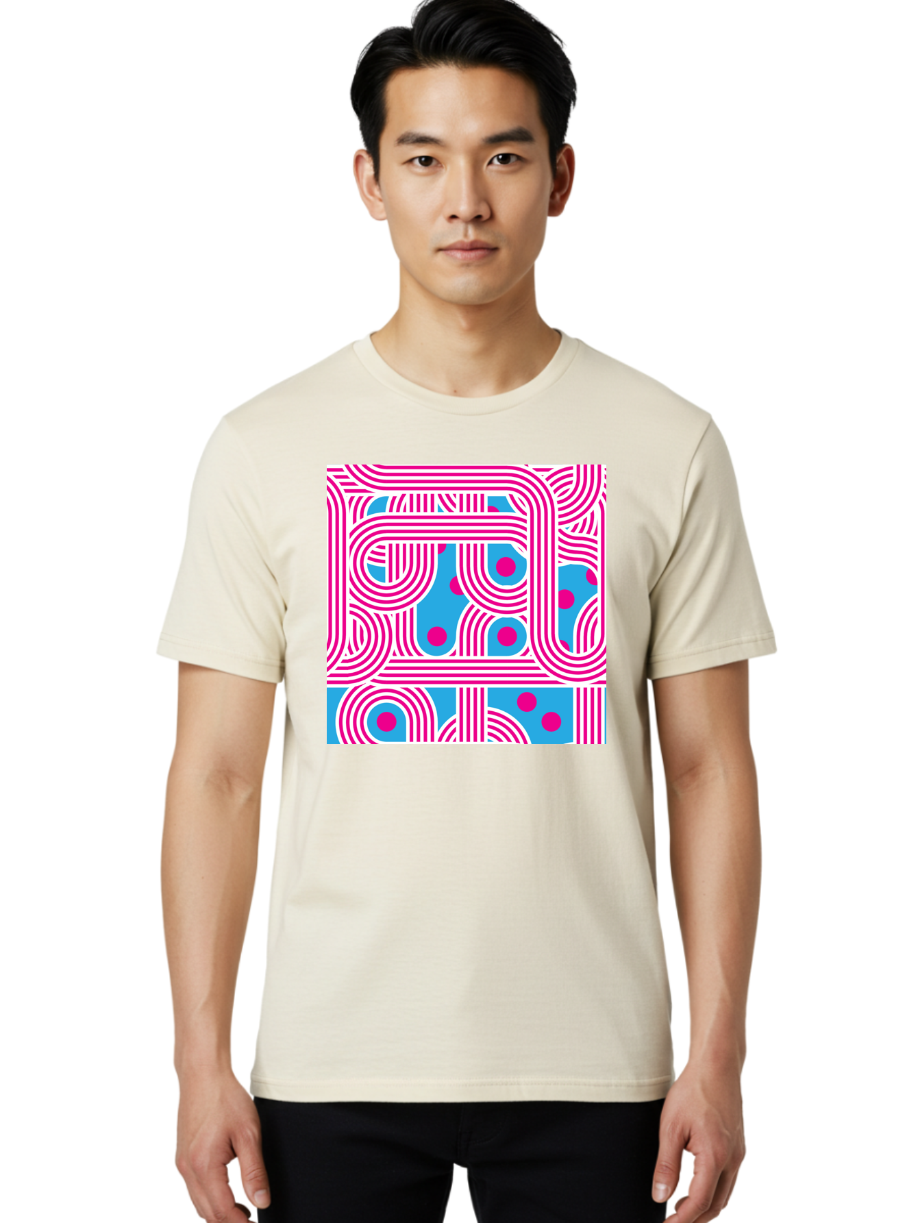Pink-Lines-And-Dots Men'S Graphic Tee, 100% Cotton, Comfortable Casual Summer Wear, Machine Washable, Pink Lines Pattern, Blue Background, Geometric Shapes, Abstract Design, Vibrant Colors, Modern Art, Playful Graphics, Contemporary Style Aac411