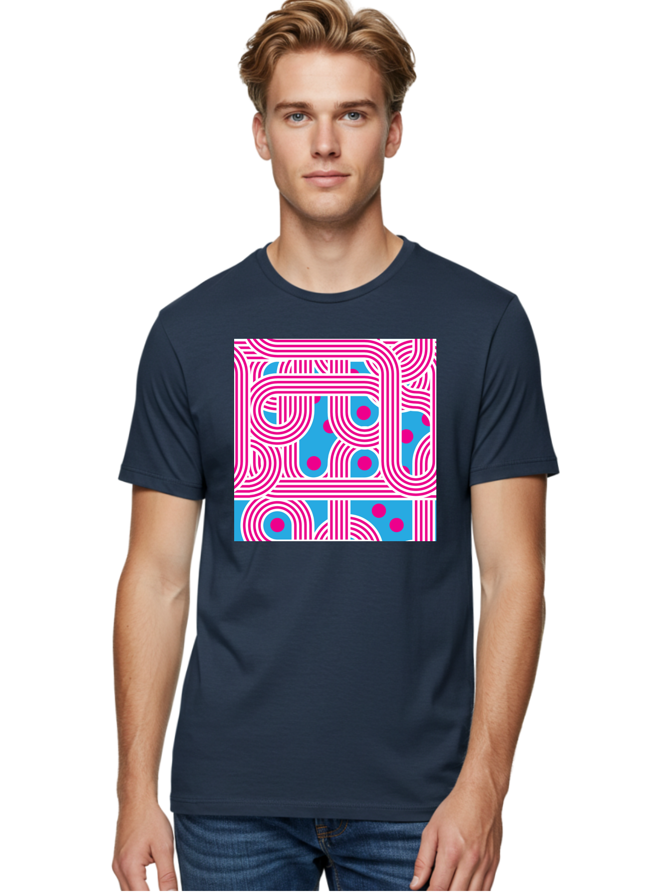 Pink-Lines-And-Dots Men'S Graphic Tee, 100% Cotton, Comfortable Casual Summer Wear, Machine Washable, Pink Lines Pattern, Blue Background, Geometric Shapes, Abstract Design, Vibrant Colors, Modern Art, Playful Graphics, Contemporary Style Aac411