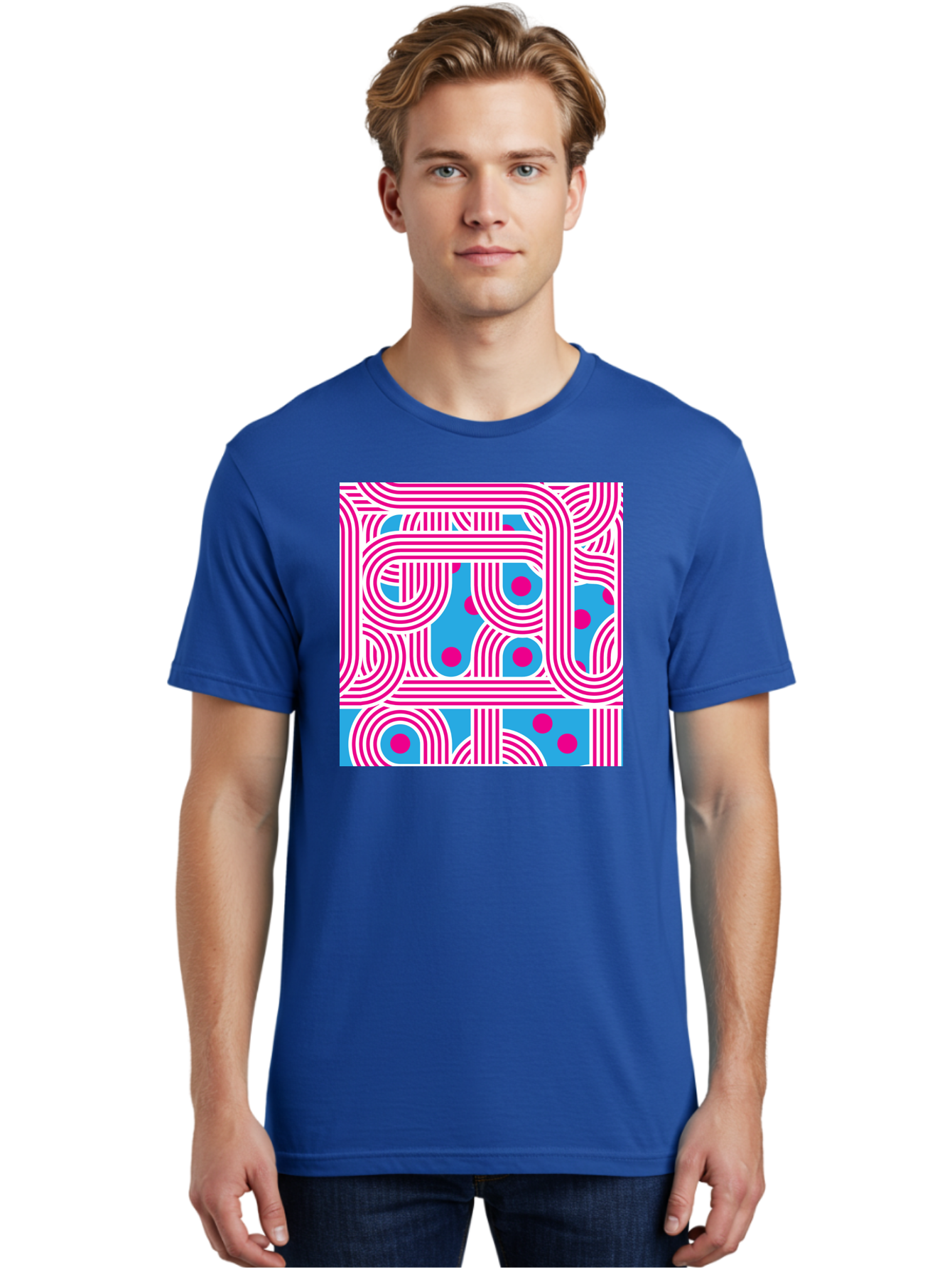 Pink-Lines-And-Dots Men'S Graphic Tee, 100% Cotton, Comfortable Casual Summer Wear, Machine Washable, Pink Lines Pattern, Blue Background, Geometric Shapes, Abstract Design, Vibrant Colors, Modern Art, Playful Graphics, Contemporary Style Aac411