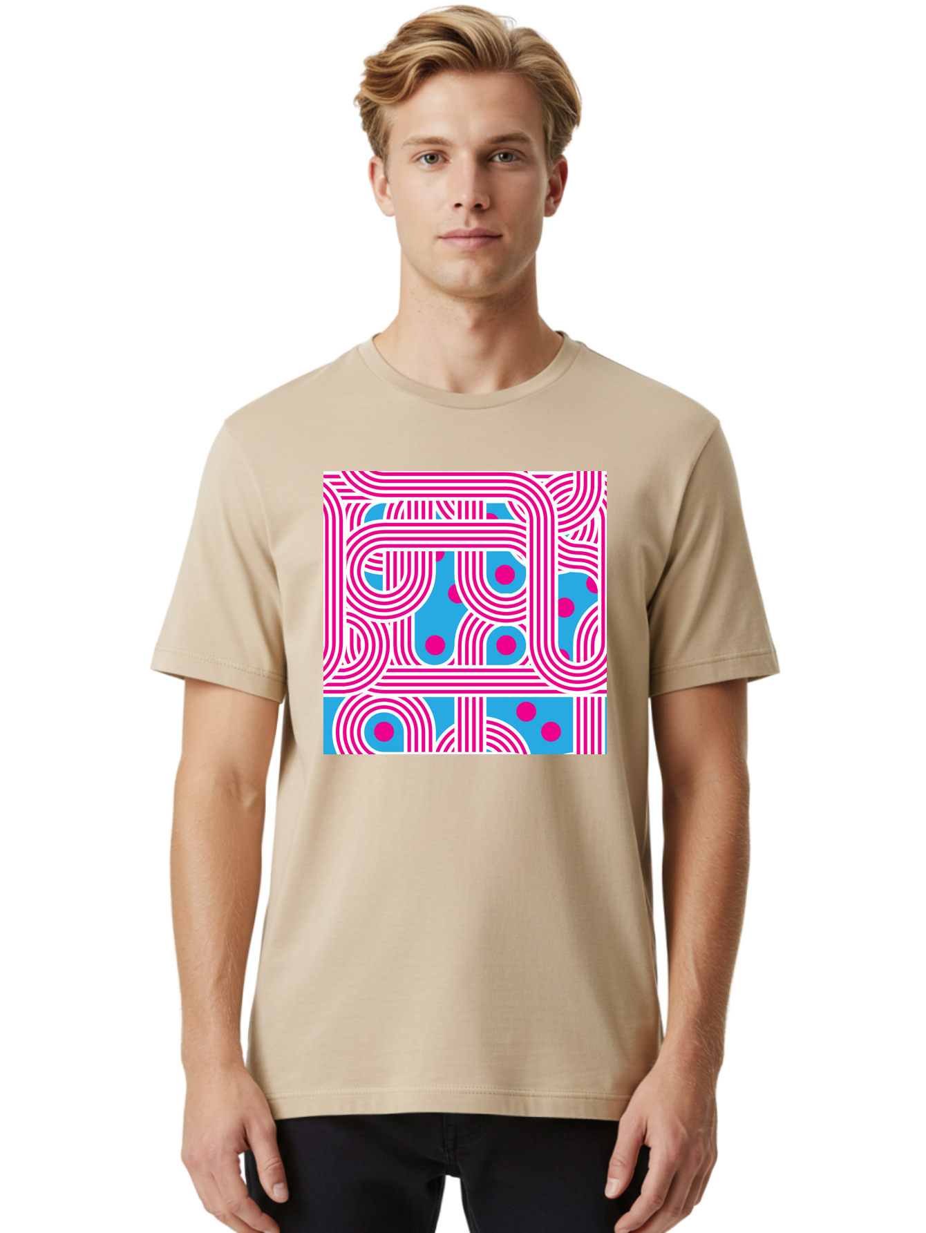 Pink-Lines-And-Dots Men'S Graphic Tee, 100% Cotton, Comfortable Casual Summer Wear, Machine Washable, Pink Lines Pattern, Blue Background, Geometric Shapes, Abstract Design, Vibrant Colors, Modern Art, Playful Graphics, Contemporary Style Aac411
