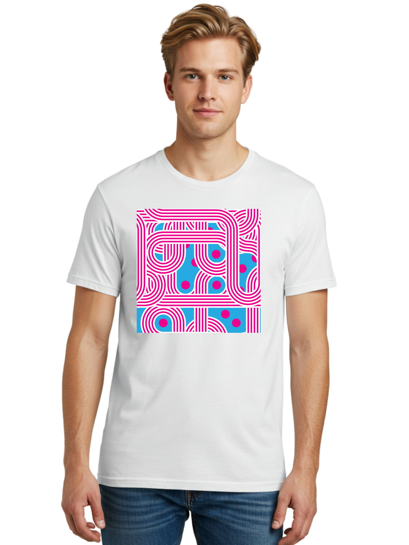 Pink-Lines-And-Dots Men'S Graphic Tee, 100% Cotton, Comfortable Casual Summer Wear, Machine Washable, Pink Lines Pattern, Blue Background, Geometric Shapes, Abstract Design, Vibrant Colors, Modern Art, Playful Graphics, Contemporary Style Aac411