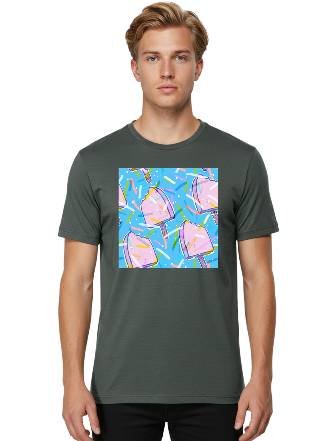 Pink-Popsicles Men'S Graphic Tee, 100% Cotton, Comfortable Casual Summer Wear, Machine Washable, Pink Ice Cream, Ice Pops, Colorful Sprinkles, Sweet Treats, Summer Fun, Candy Coating, Pastel Colors, Festive Atmosphere, Party Theme Aac412