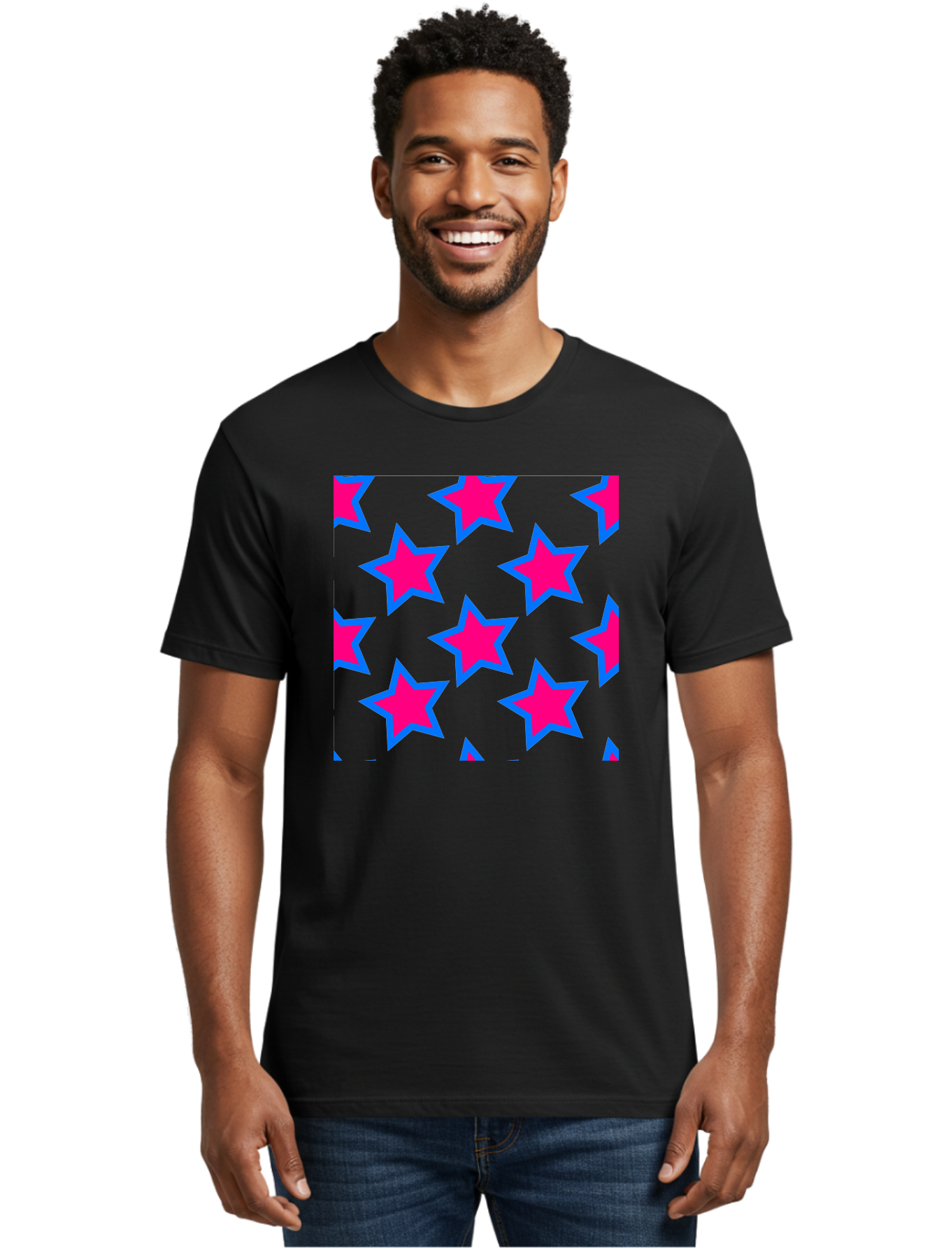 Pink-Stars-Pattern Men'S Graphic Tee, 100% Cotton, Comfortable Casual Summer Wear, Machine Washable, Pink Stars, Blue Outline, Yellow Background, Repeating Pattern, Festive Design, Bright Colors, Fun Graphics, Star Pattern, Aac413