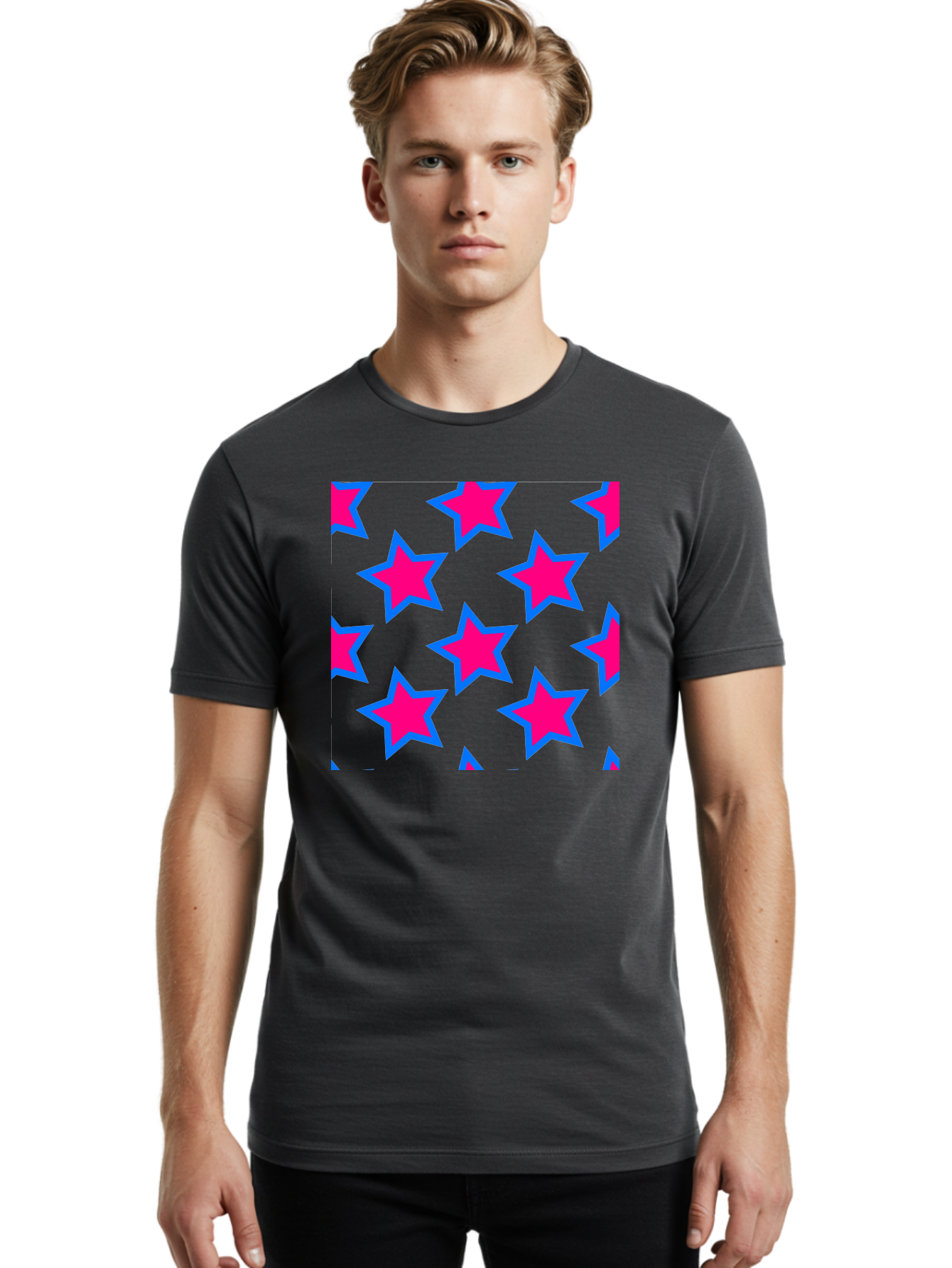 Pink-Stars-Pattern Men'S Graphic Tee, 100% Cotton, Comfortable Casual Summer Wear, Machine Washable, Pink Stars, Blue Outline, Yellow Background, Repeating Pattern, Festive Design, Bright Colors, Fun Graphics, Star Pattern, Aac413